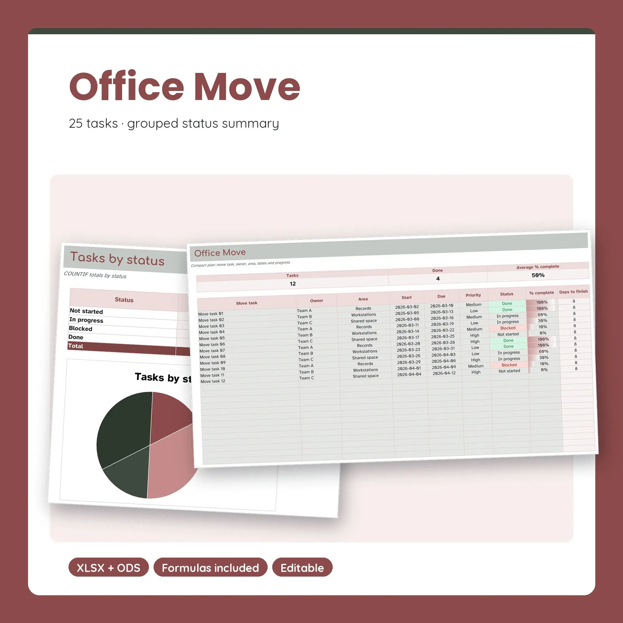 Office Move Spreadsheet, Compact 25-Row Tracker (XLSX + ODS) preview