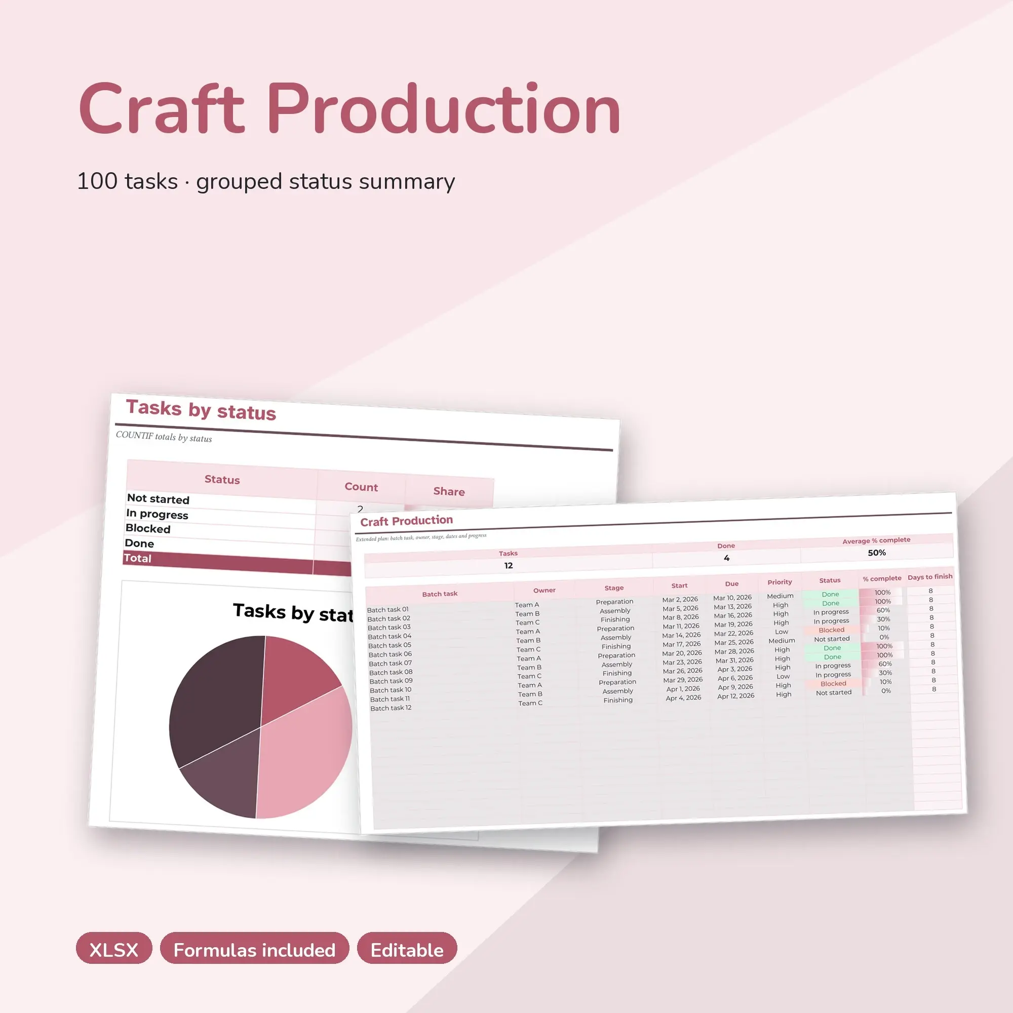 Craft Production Spreadsheet, Extended 100-Row Tracker (XLSX), preview 1 of 2