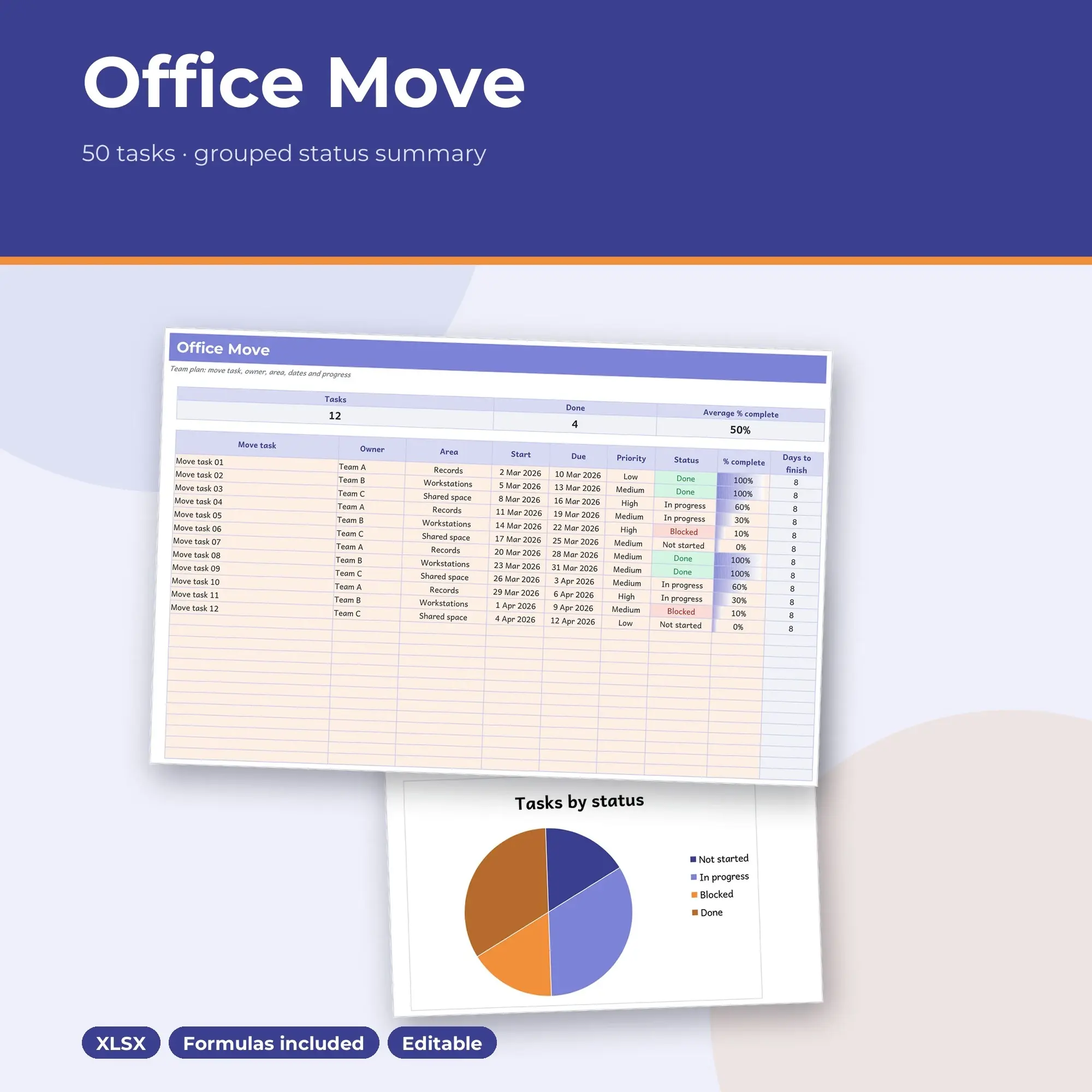 Office Move Spreadsheet, Team 50-Row Tracker (XLSX) preview