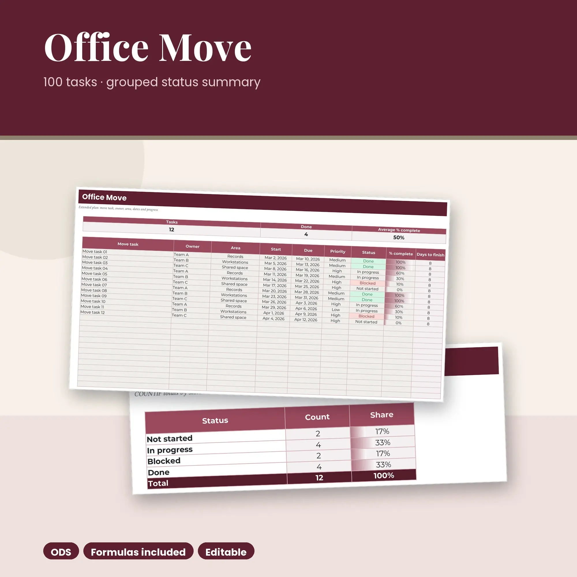 Office Move Spreadsheet, Extended 100-Row Tracker (ODS) preview