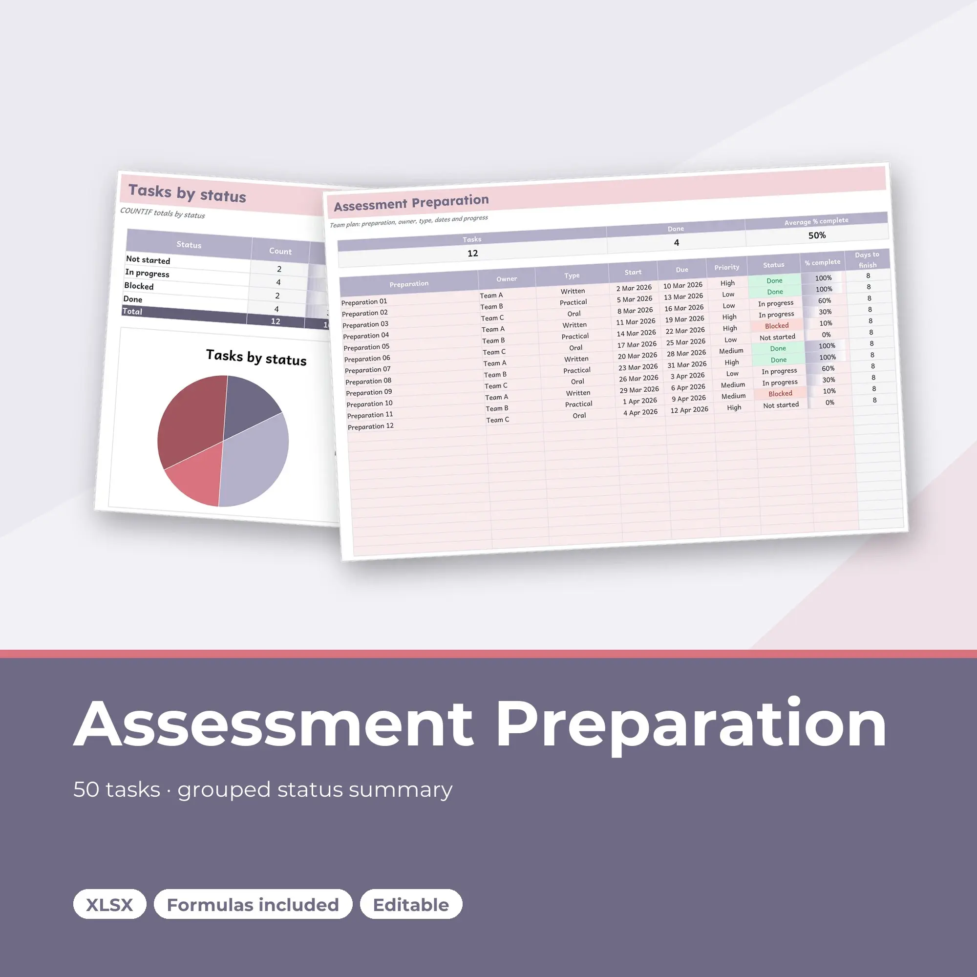 Assessment Preparation Spreadsheet, Team 50-Row Tracker (XLSX) preview