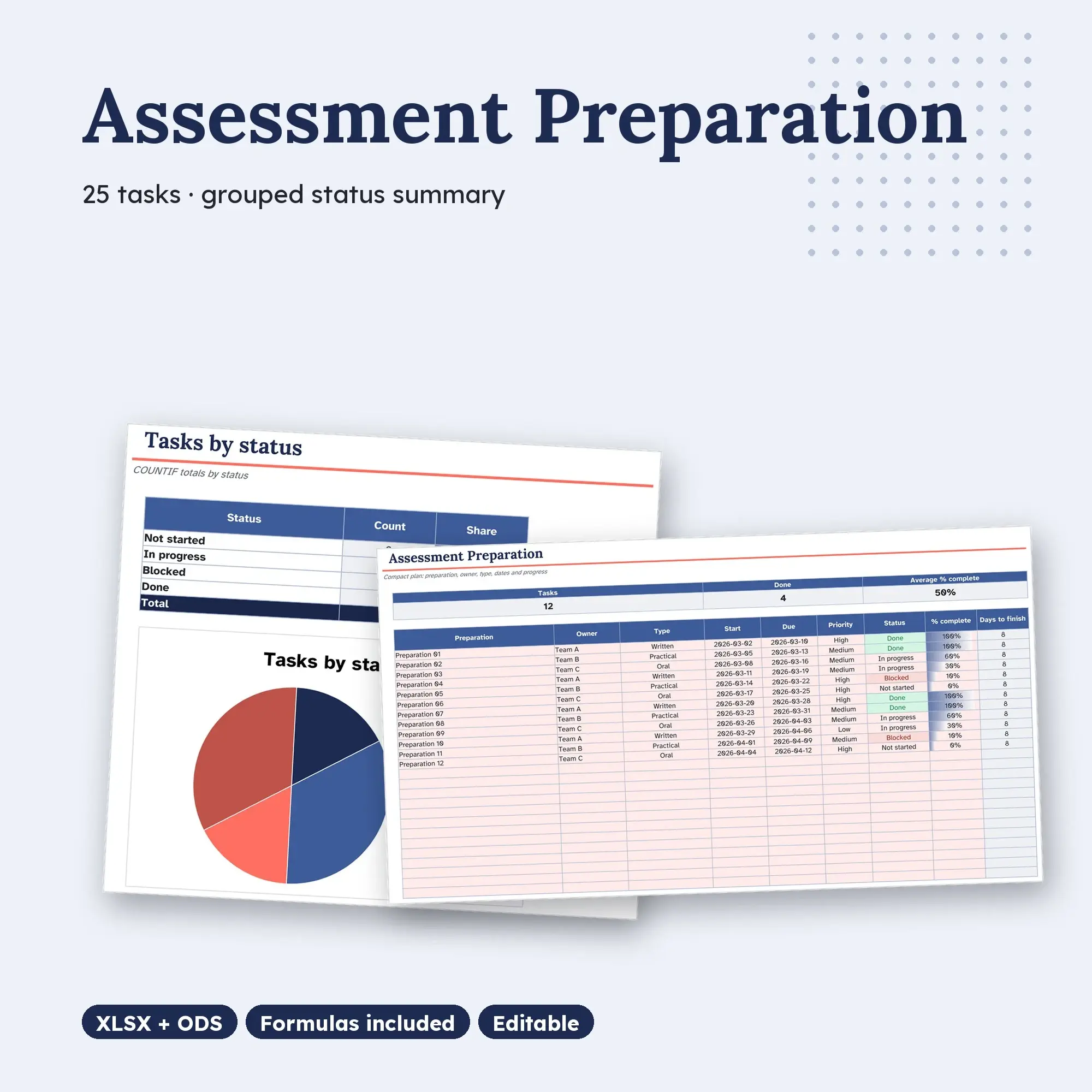 Assessment Preparation Spreadsheet, Compact 25-Row Tracker (XLSX + ODS) preview