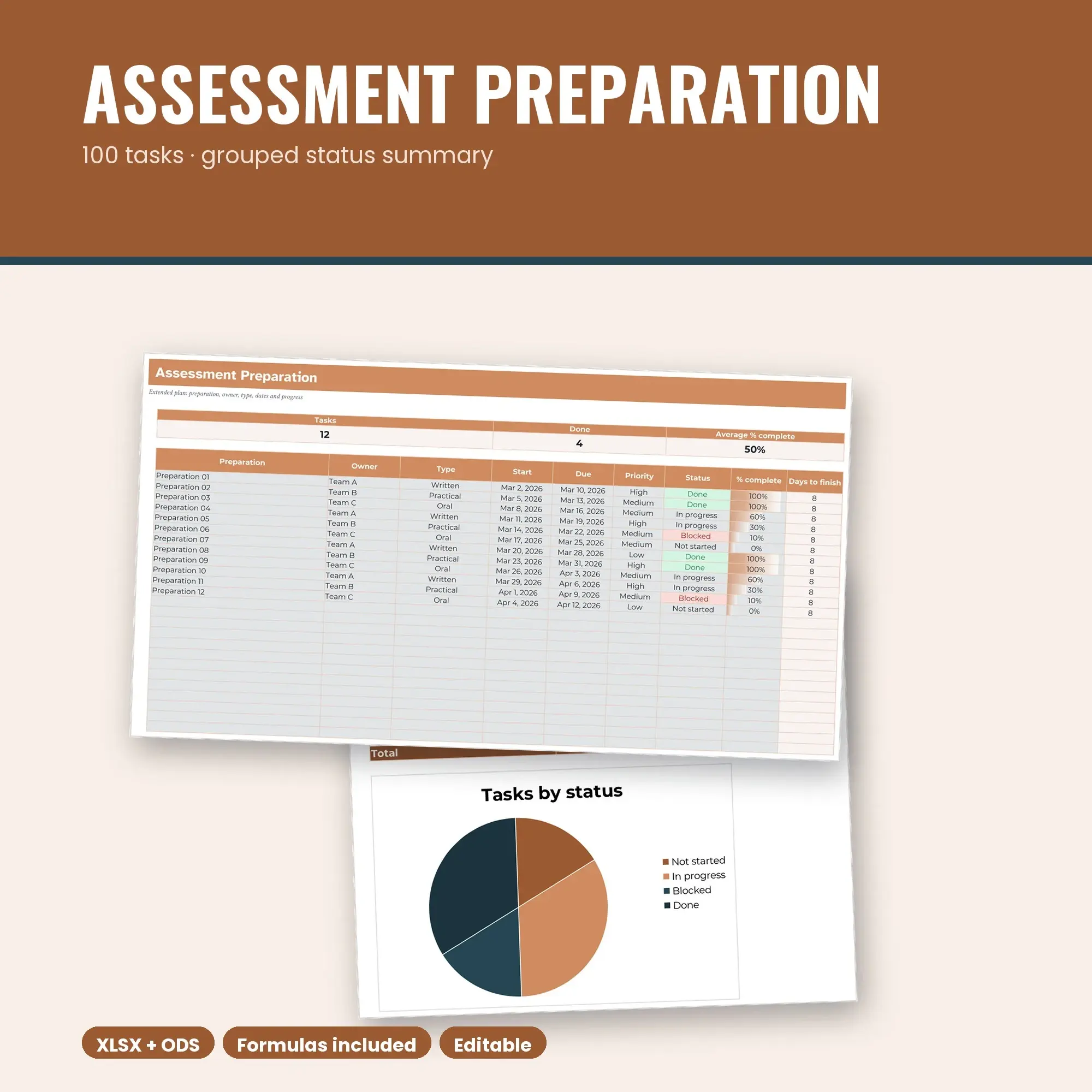 Assessment Preparation Spreadsheet, Extended 100-Row Tracker (XLSX + ODS) preview