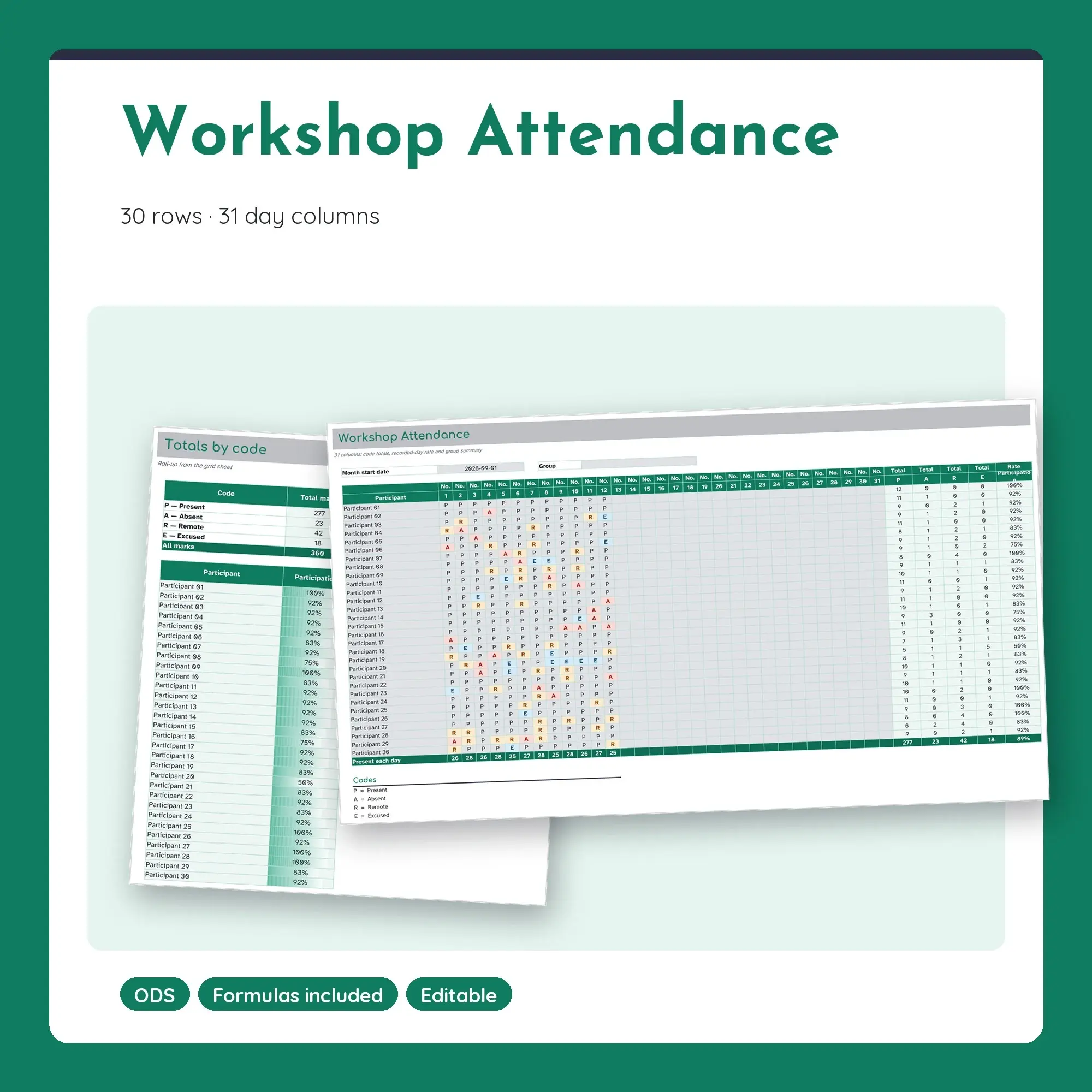 Workshop Attendance Spreadsheet, Monthly 30-Row Register (ODS) preview
