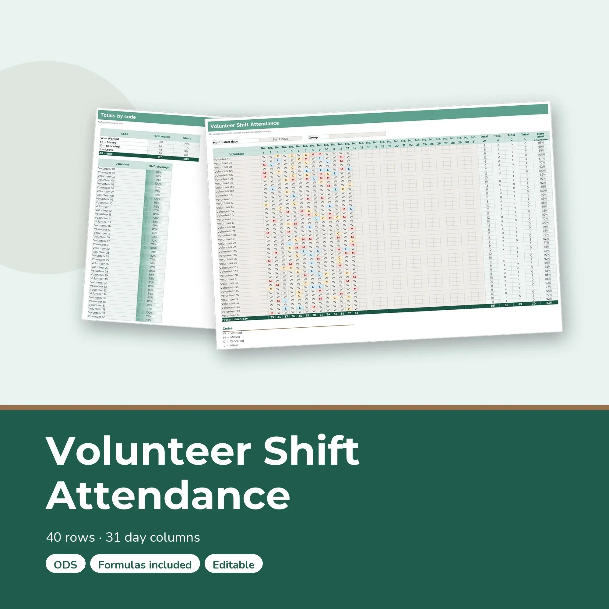 Volunteer Shift Attendance Spreadsheet, Large Group 40-Row Register (ODS) preview