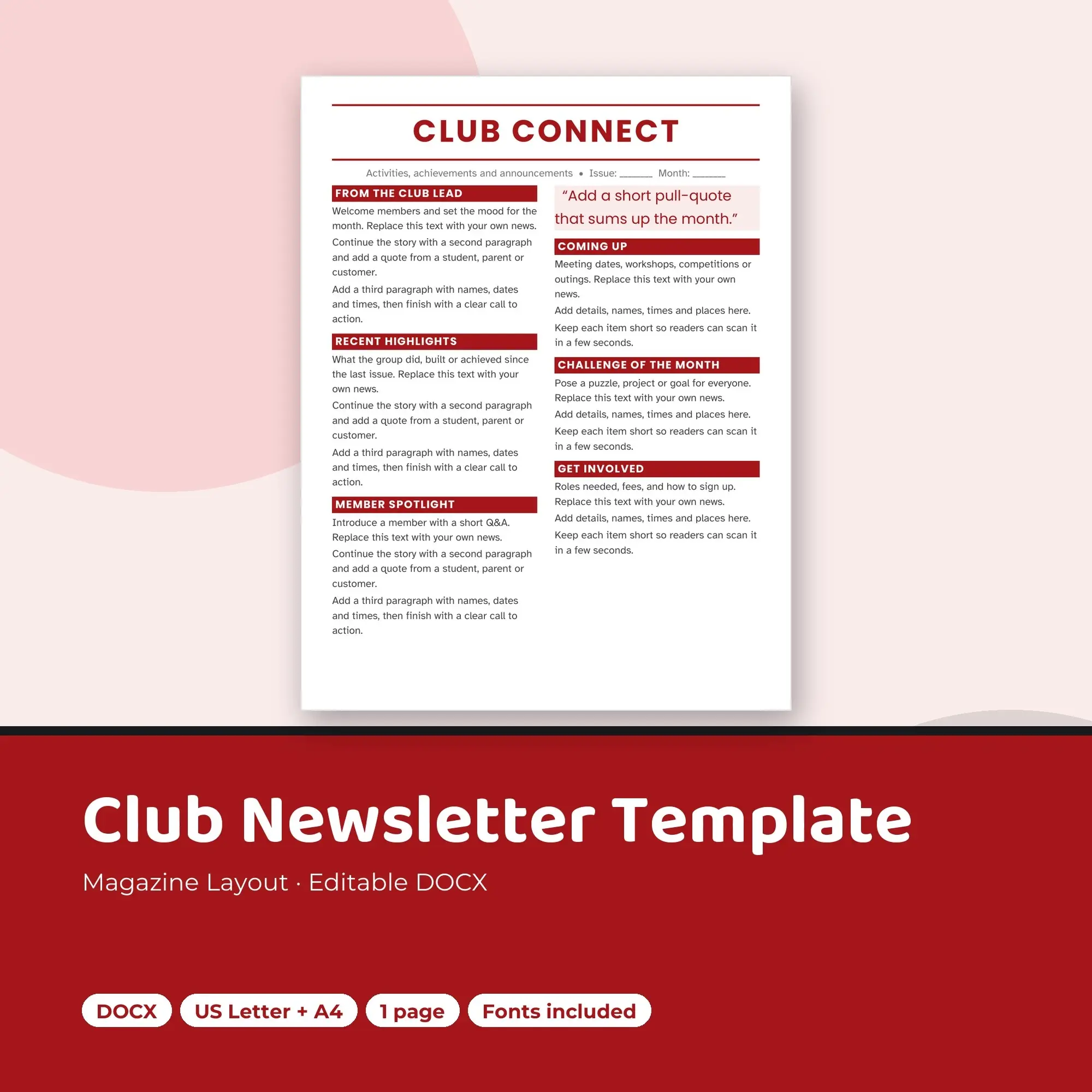 Club Newsletter Template, Magazine Layout (DOCX) preview