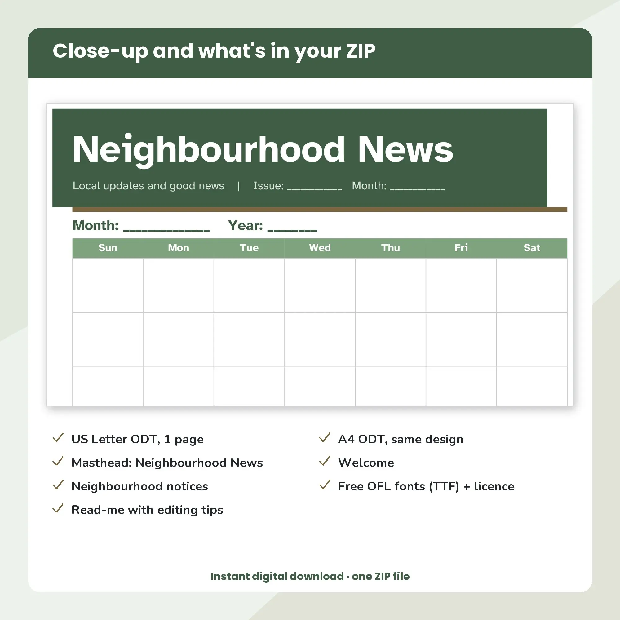 Community Newsletter Template, Calendar Layout (ODT), preview 2 of 2