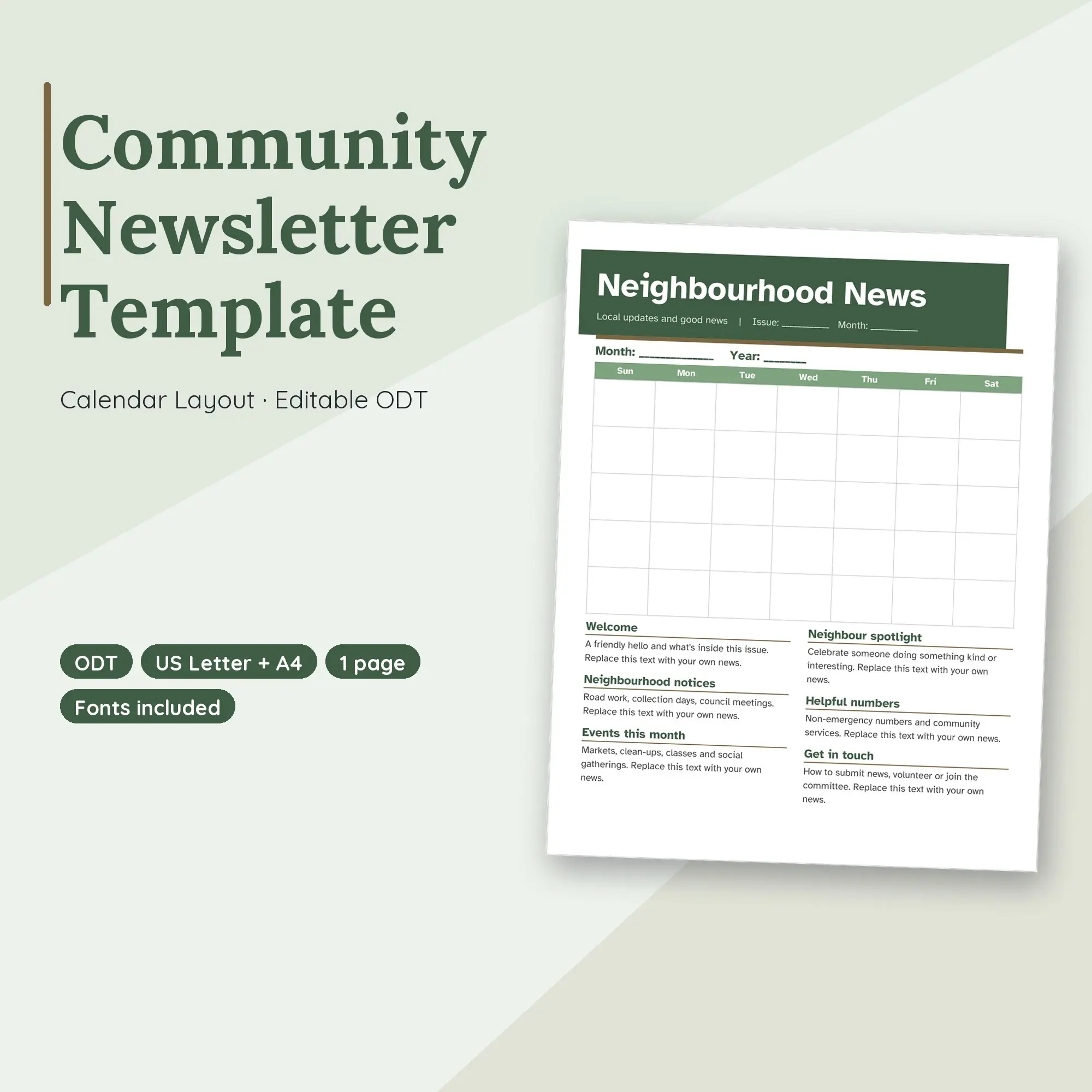 Community Newsletter Template, Calendar Layout (ODT) preview