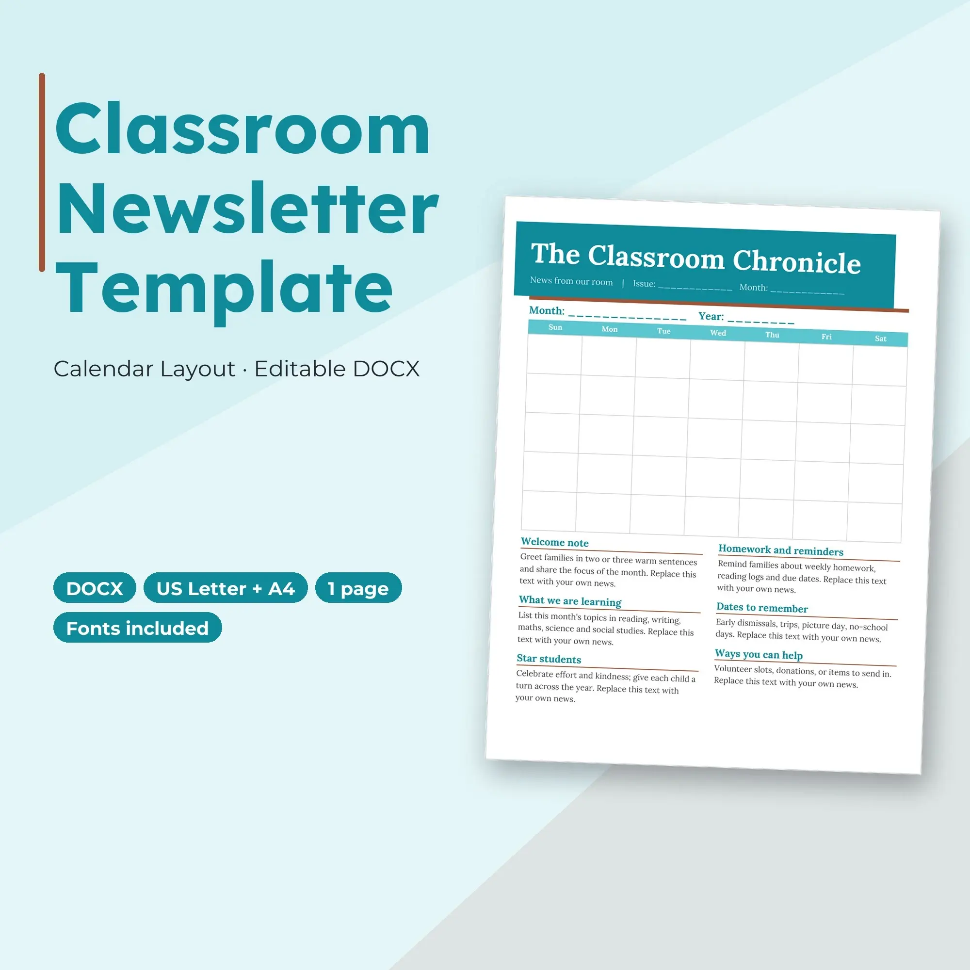 Classroom Newsletter Template, Calendar Layout (DOCX) preview