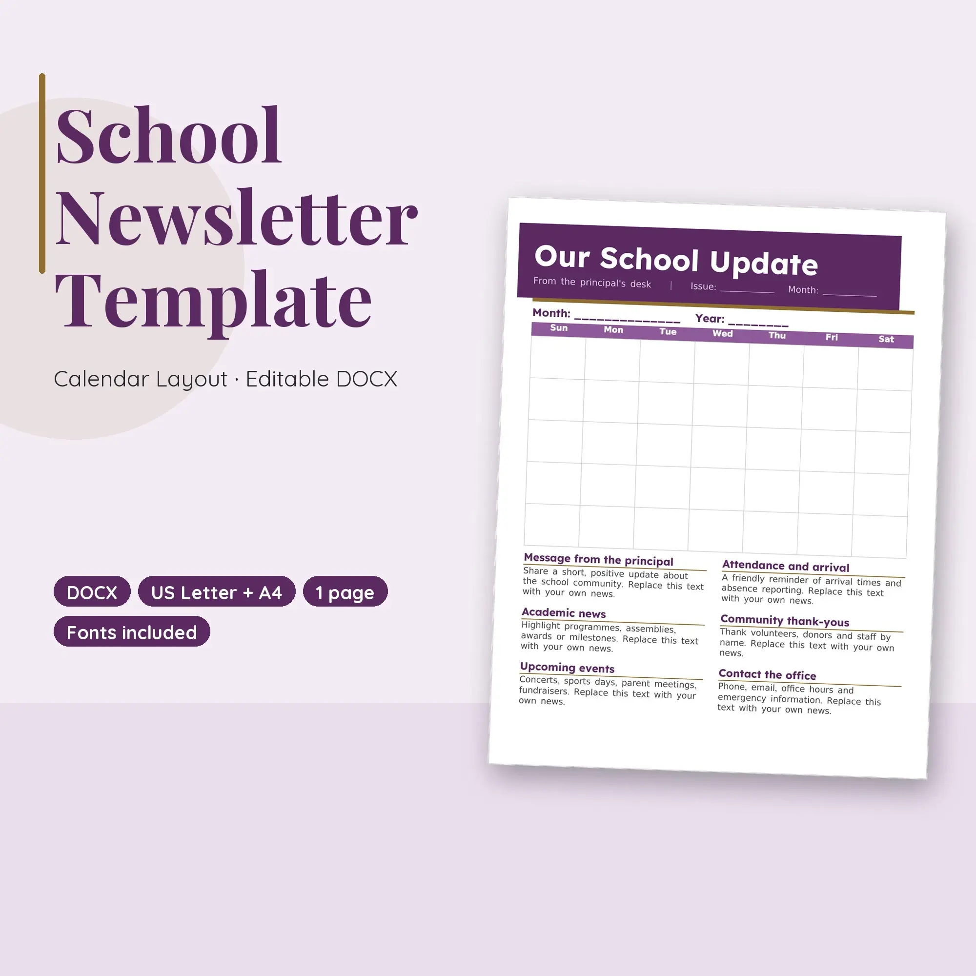 School Newsletter Template, Calendar Layout (DOCX) preview
