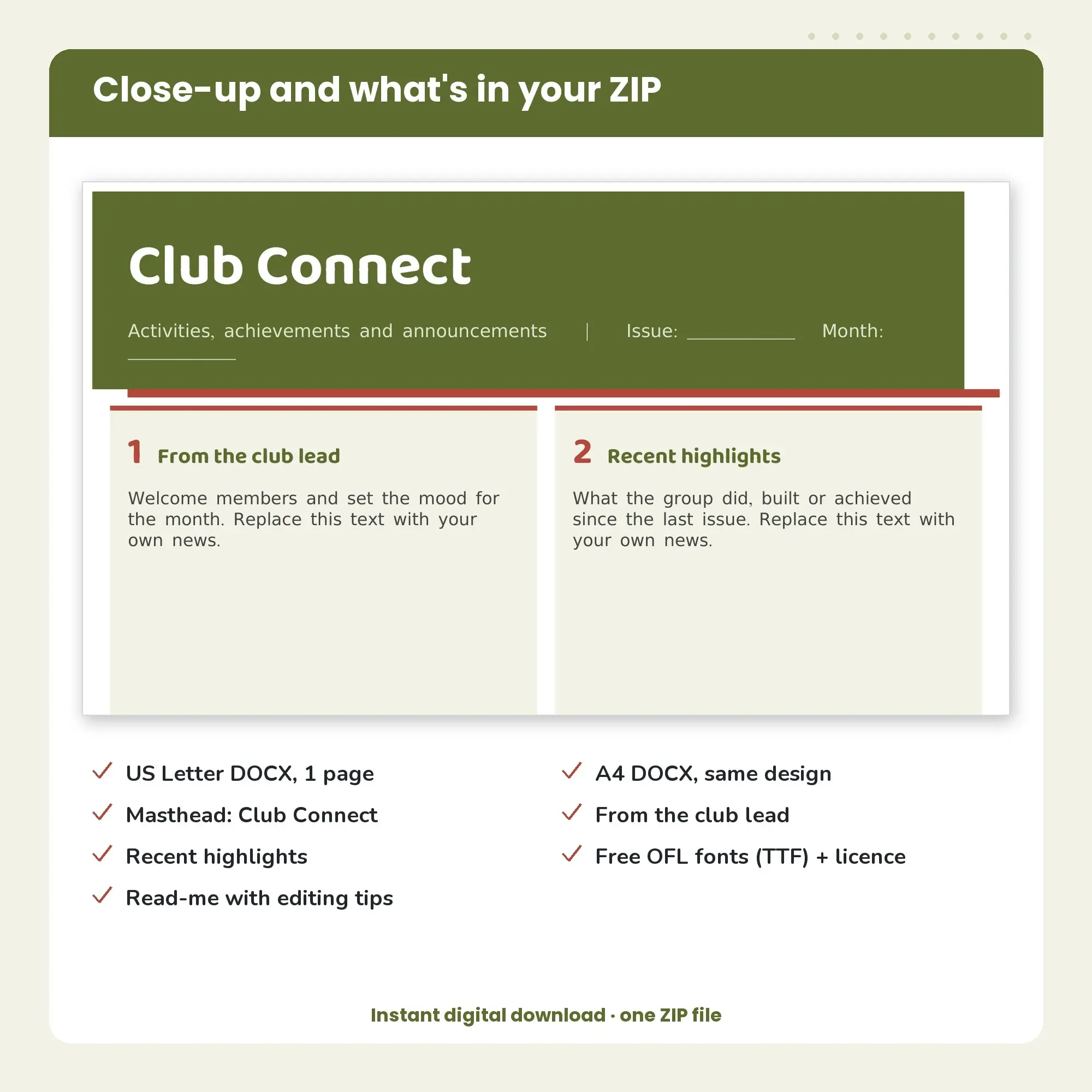 Club Newsletter Template, Story Cards Layout (DOCX), preview 2 of 2