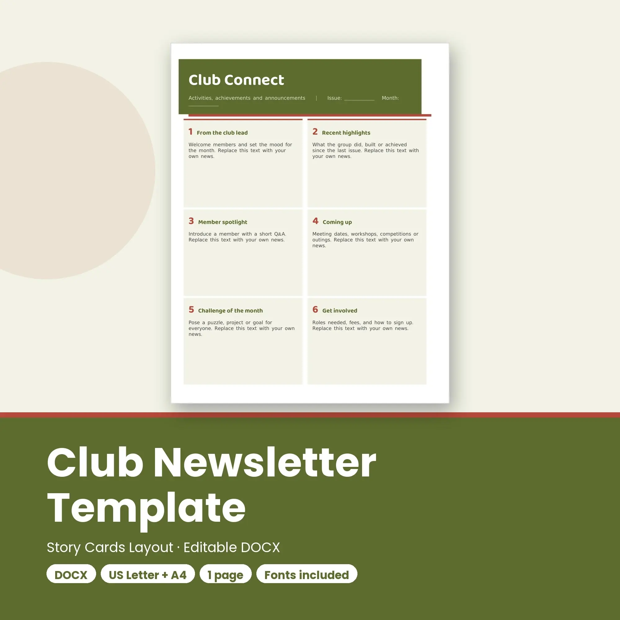 Club Newsletter Template, Story Cards Layout (DOCX), preview 1 of 2