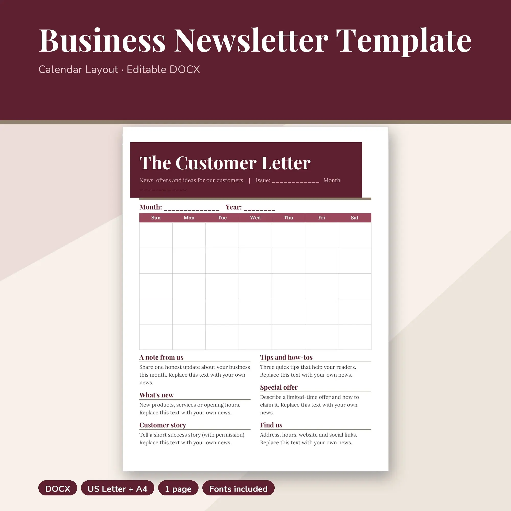 Business Newsletter Template, Calendar Layout (DOCX) preview