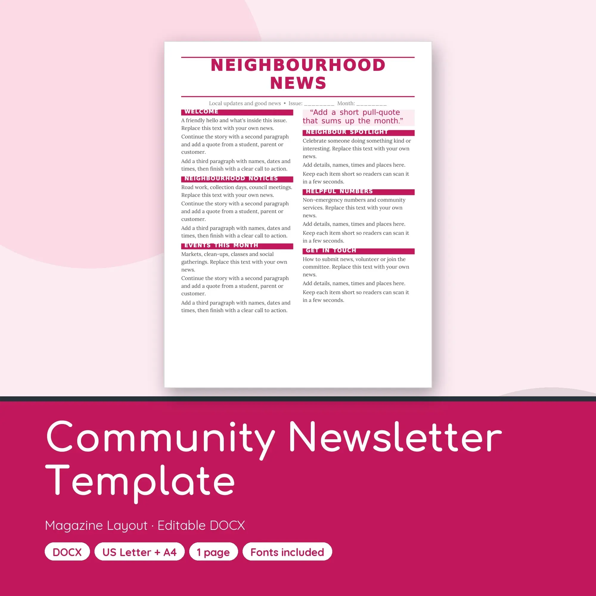 Community Newsletter Template, Magazine Layout (DOCX) preview
