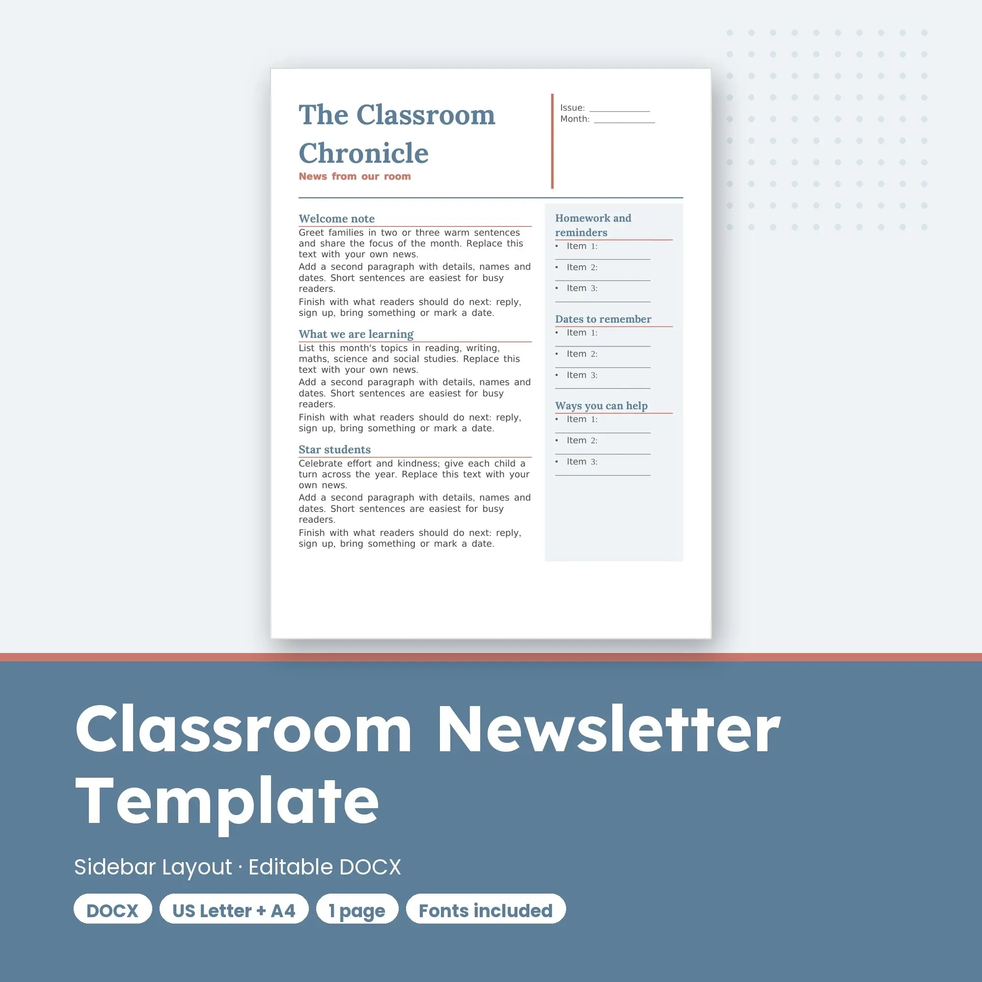 Classroom Newsletter Template, Sidebar Layout (DOCX), preview 1 of 2