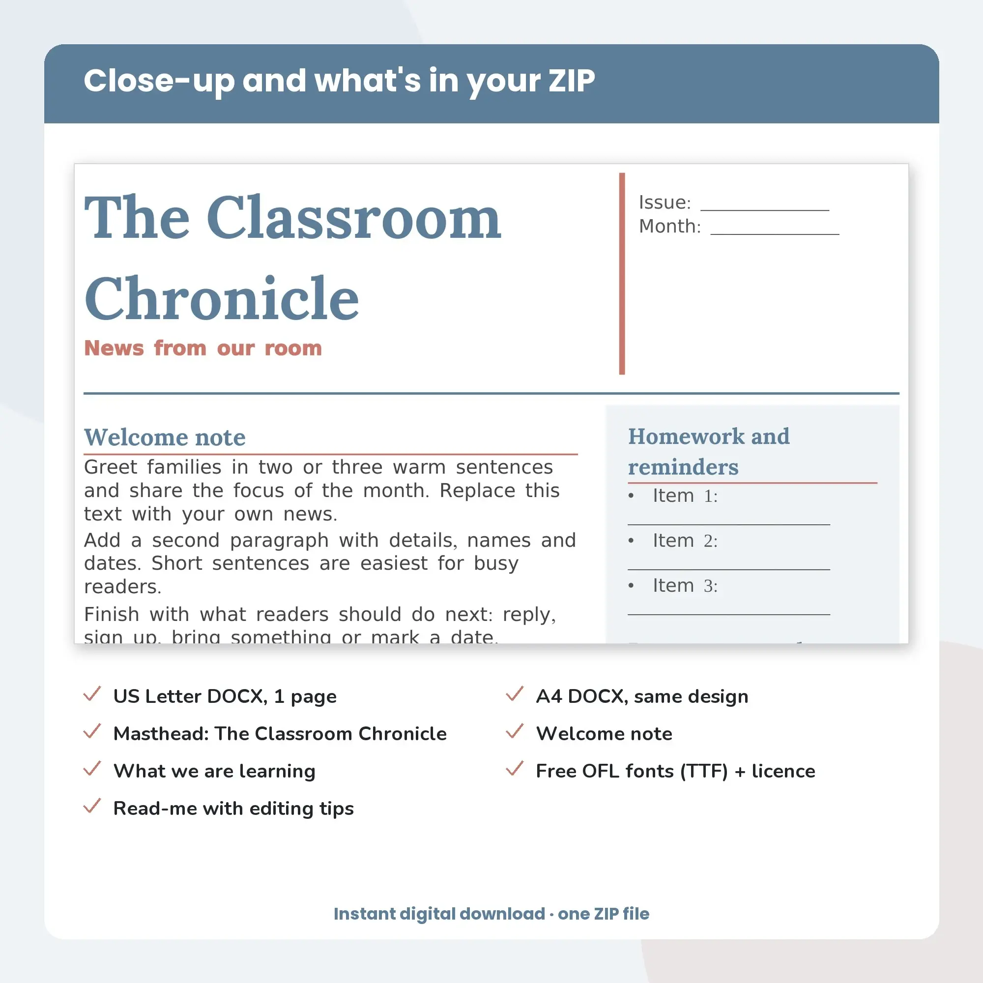 Classroom Newsletter Template, Sidebar Layout (DOCX), preview 2 of 2