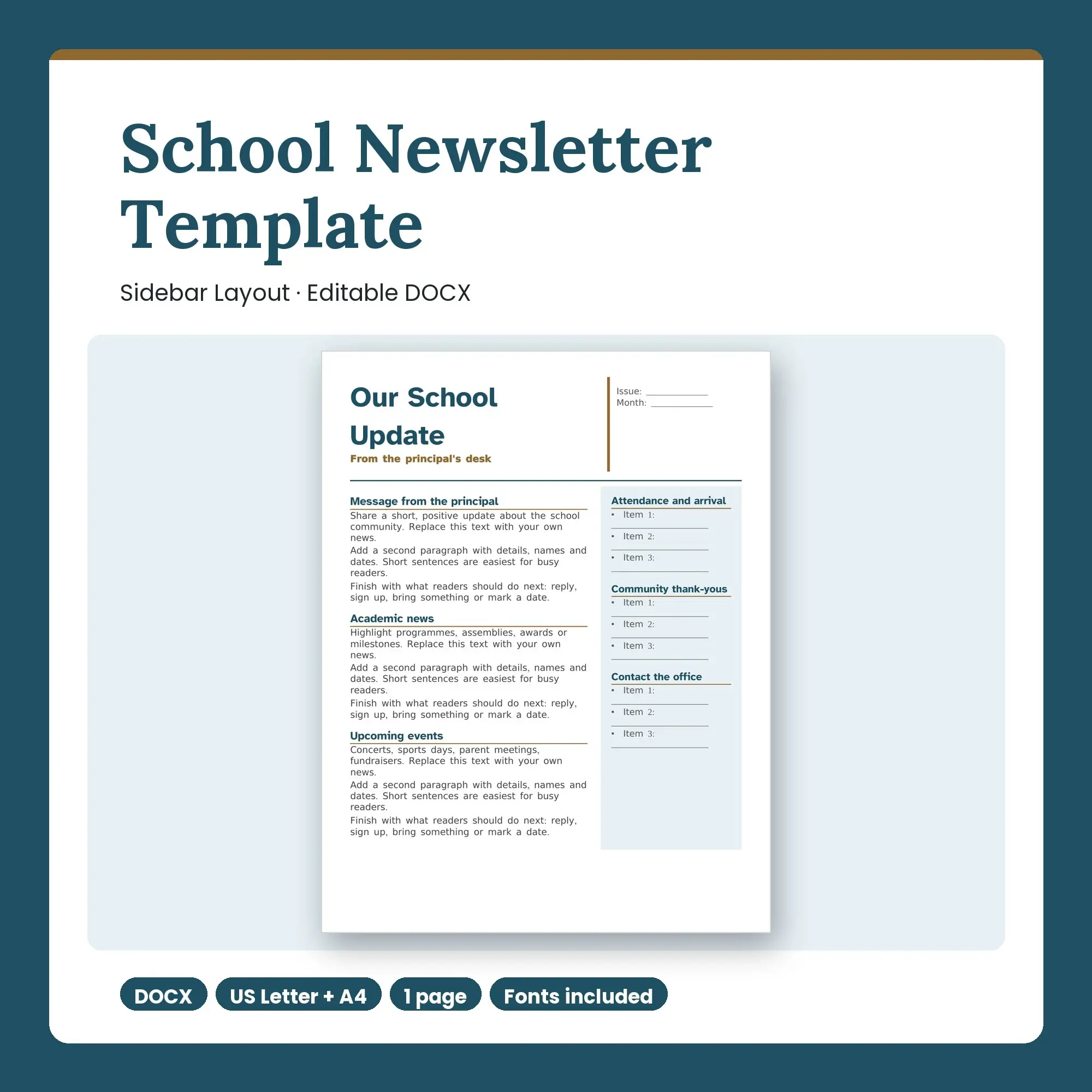 School Newsletter Template, Sidebar Layout (DOCX), preview 1 of 2