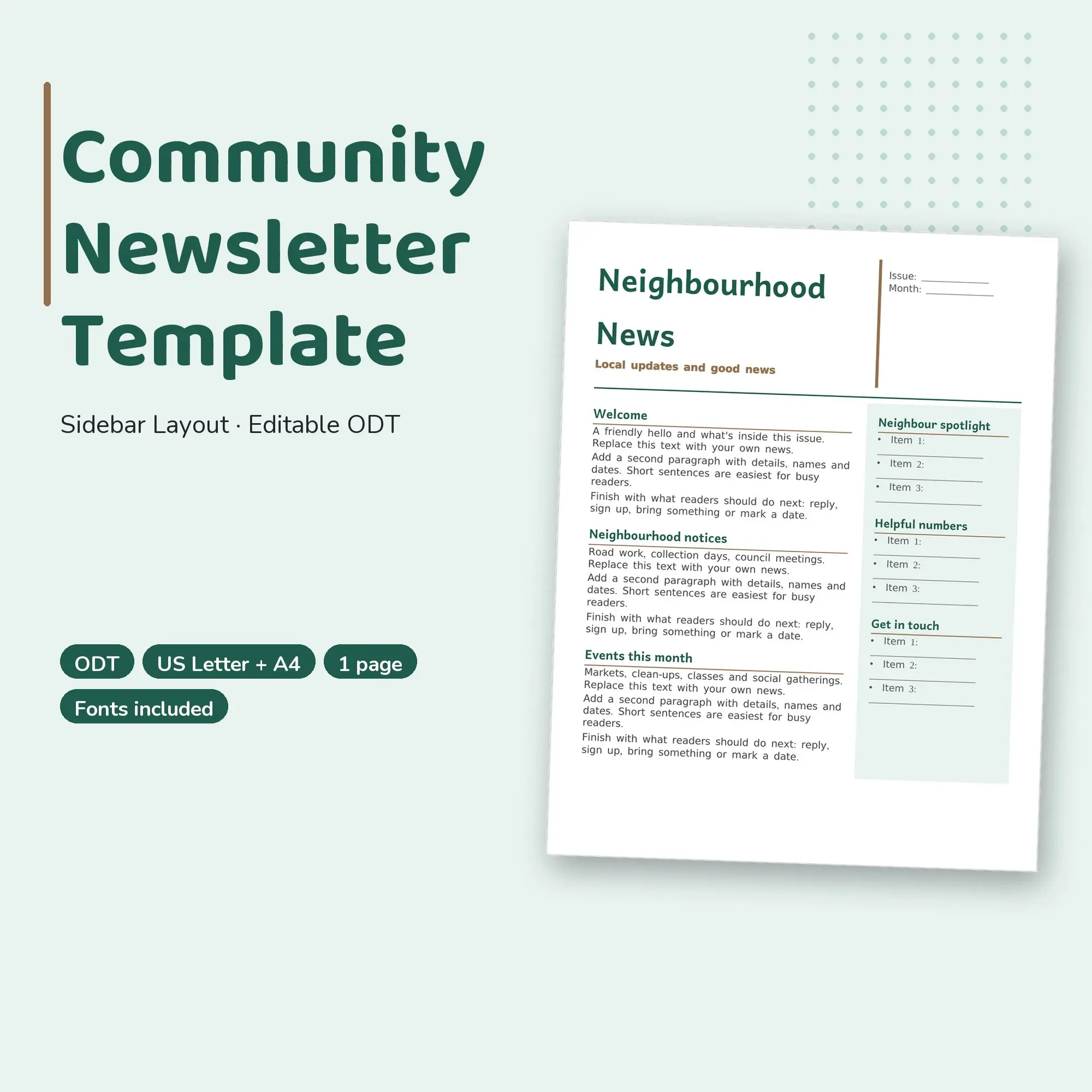 Community Newsletter Template, Sidebar Layout (ODT) preview
