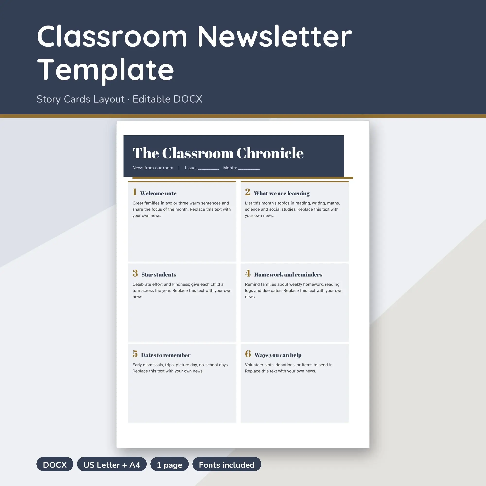 Classroom Newsletter Template, Story Cards Layout (DOCX) preview