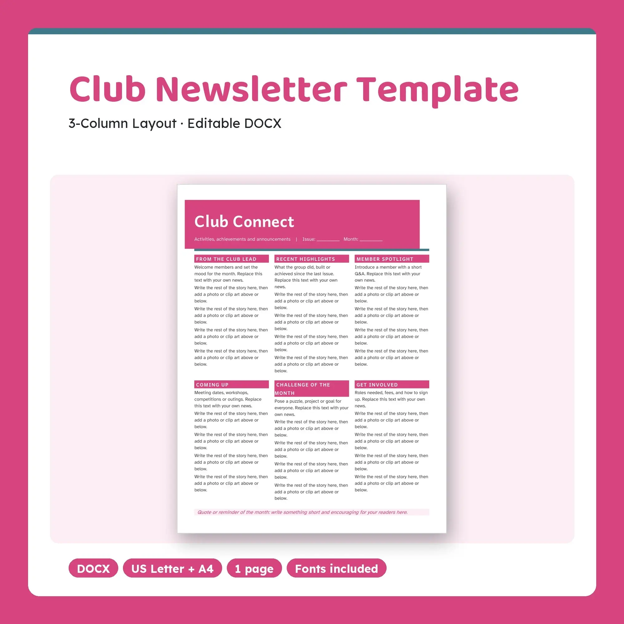 Club Newsletter Template, 3-Column Layout (DOCX), preview 1 of 2