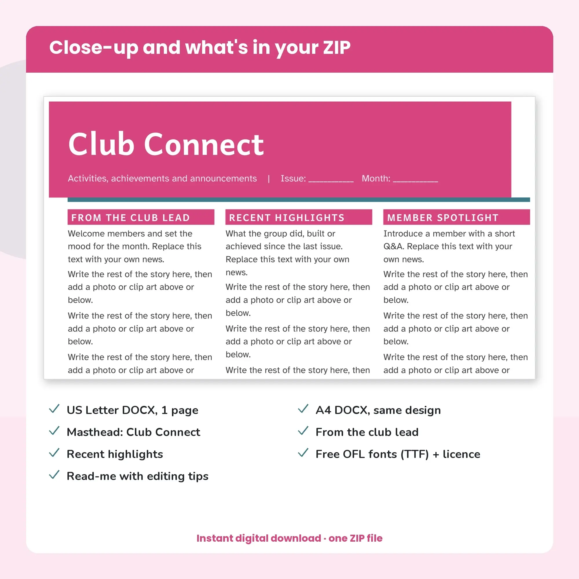Club Newsletter Template, 3-Column Layout (DOCX), preview 2 of 2