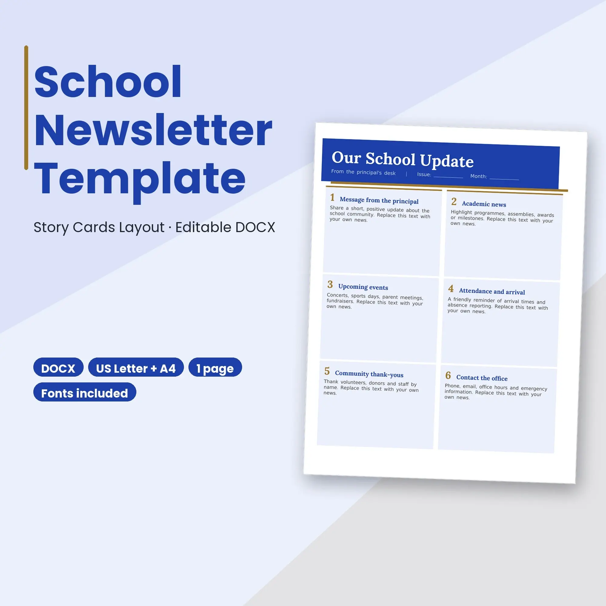 School Newsletter Template, Story Cards Layout (DOCX) preview