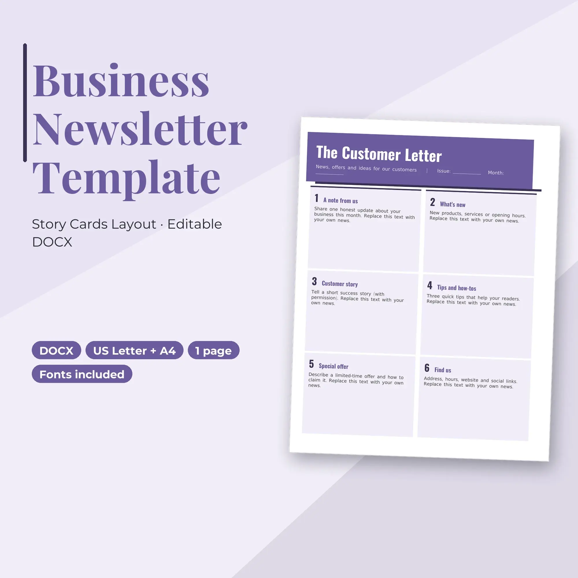 Business Newsletter Template, Story Cards Layout (DOCX), preview 1 of 2
