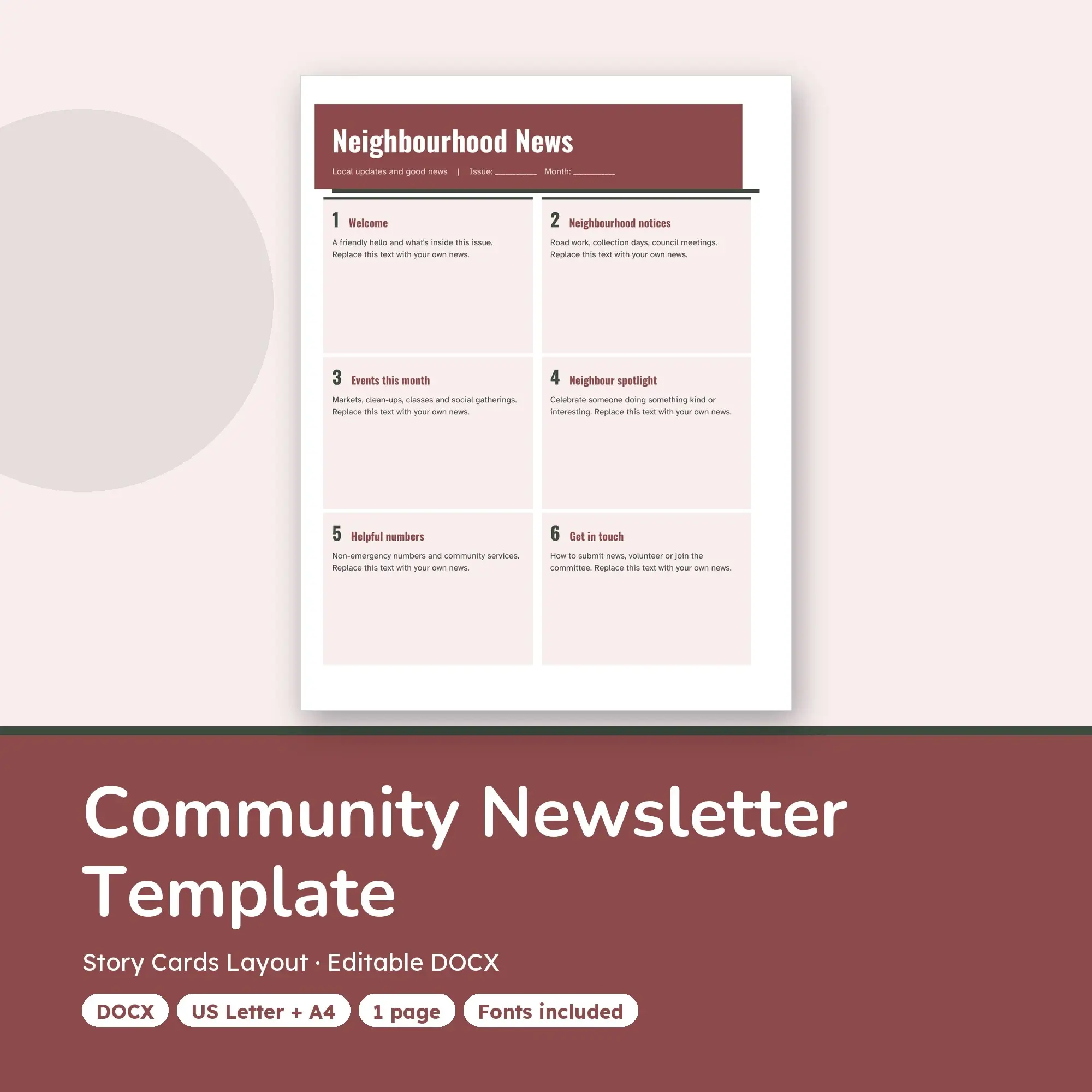 Community Newsletter Template, Story Cards Layout (DOCX) preview