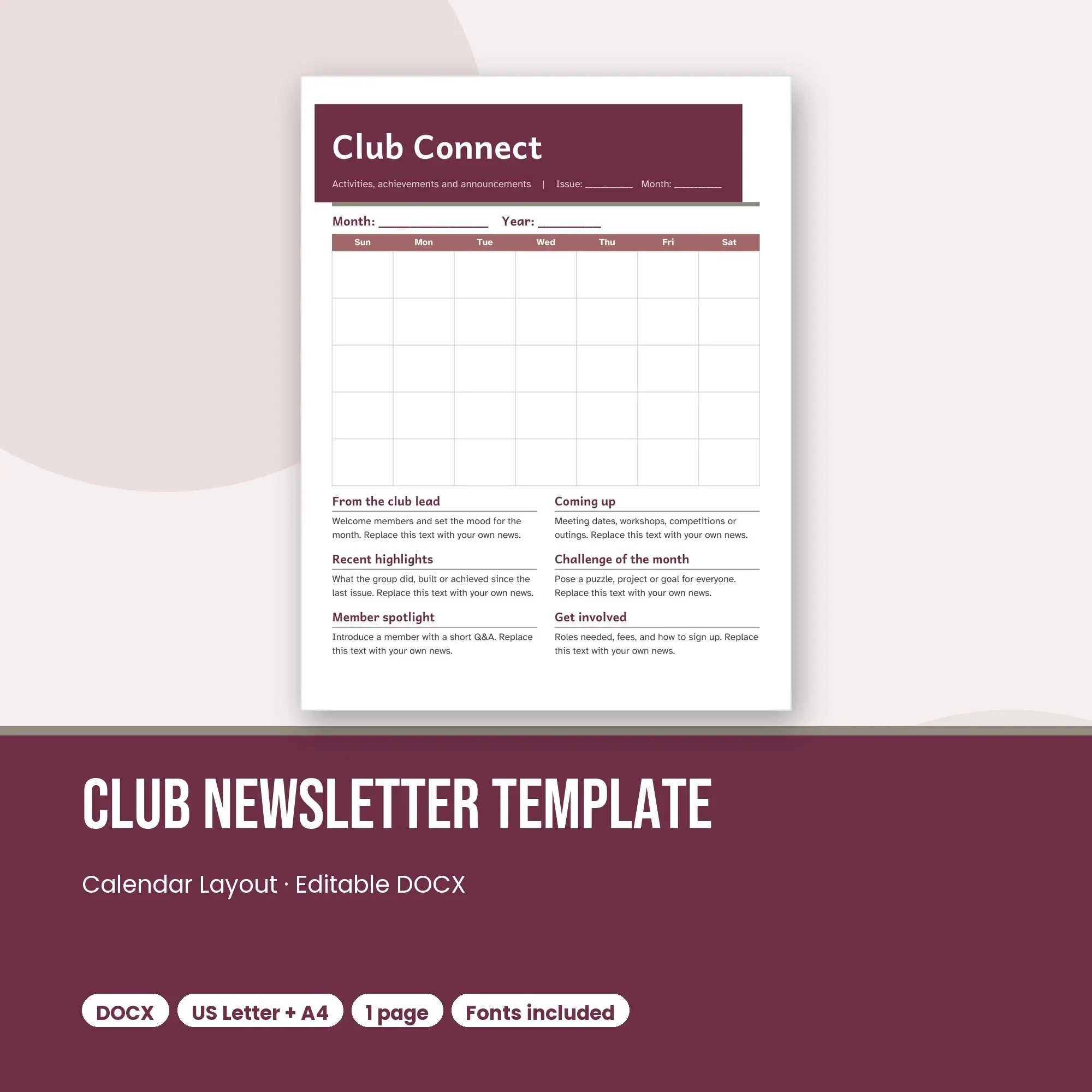 Club Newsletter Template, Calendar Layout (DOCX), preview 1 of 2