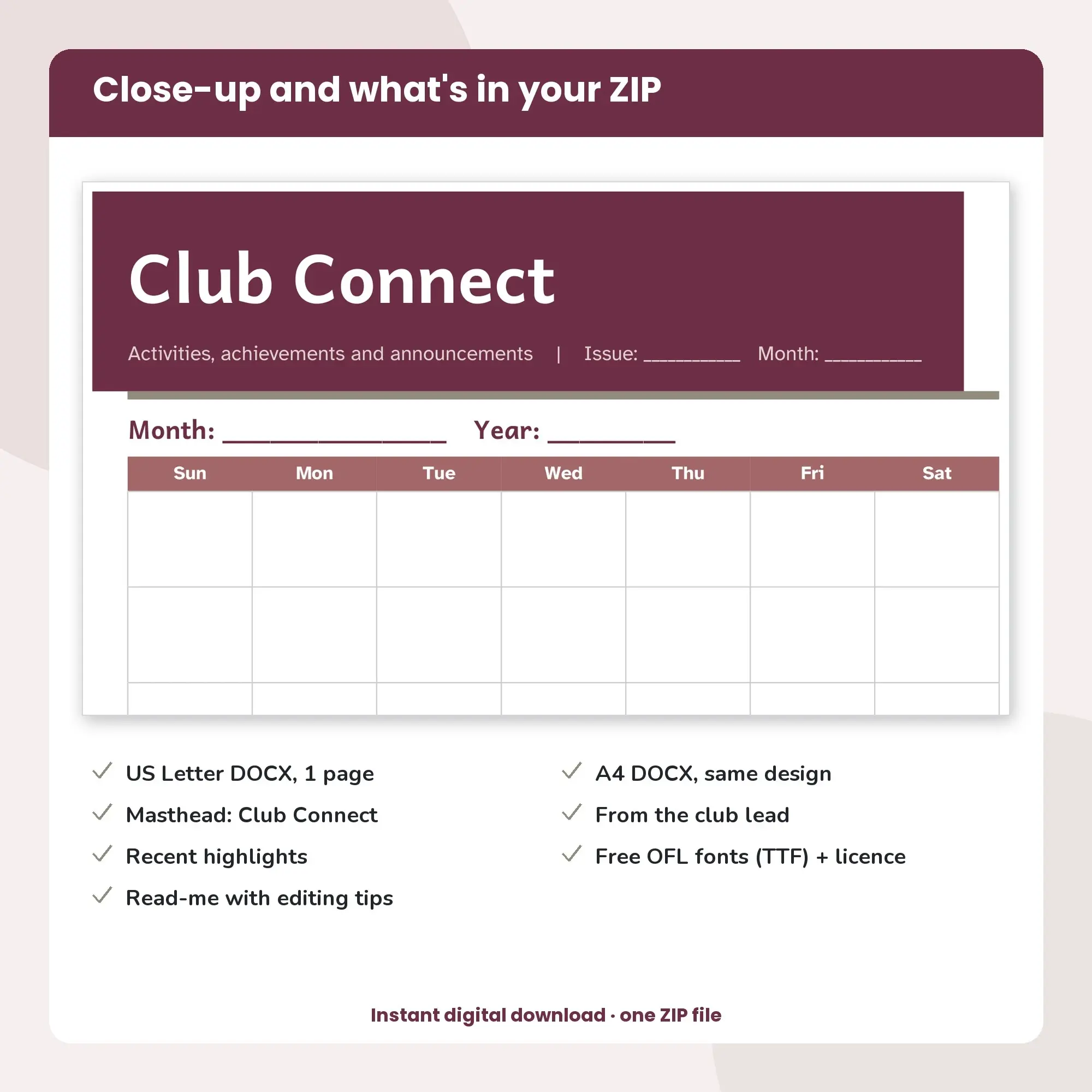Club Newsletter Template, Calendar Layout (DOCX), preview 2 of 2