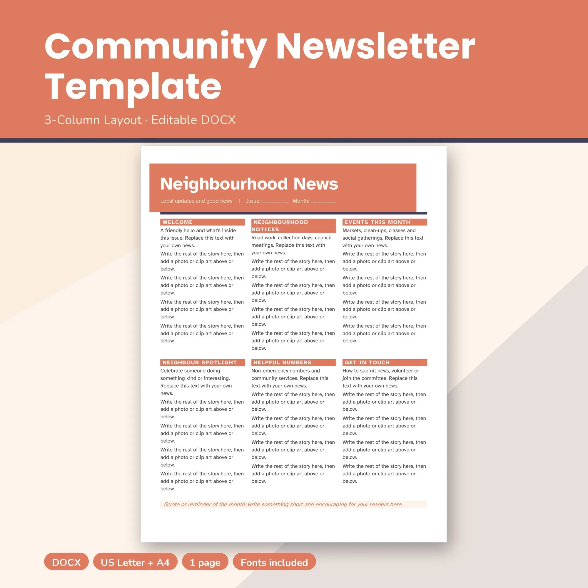 Community Newsletter Template, 3-Column Layout (DOCX) preview