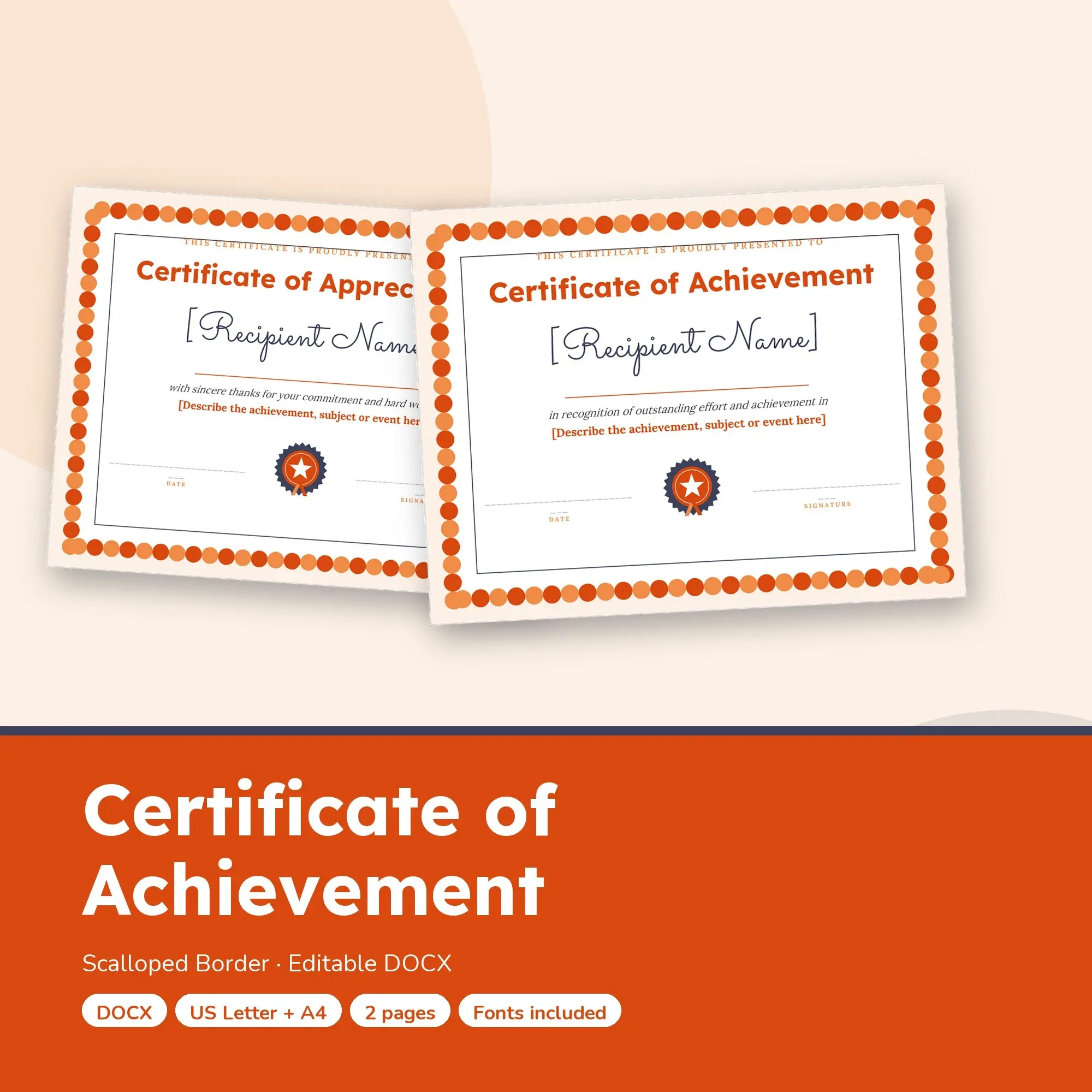 Certificate of Achievement Template, Scalloped Border (DOCX) preview