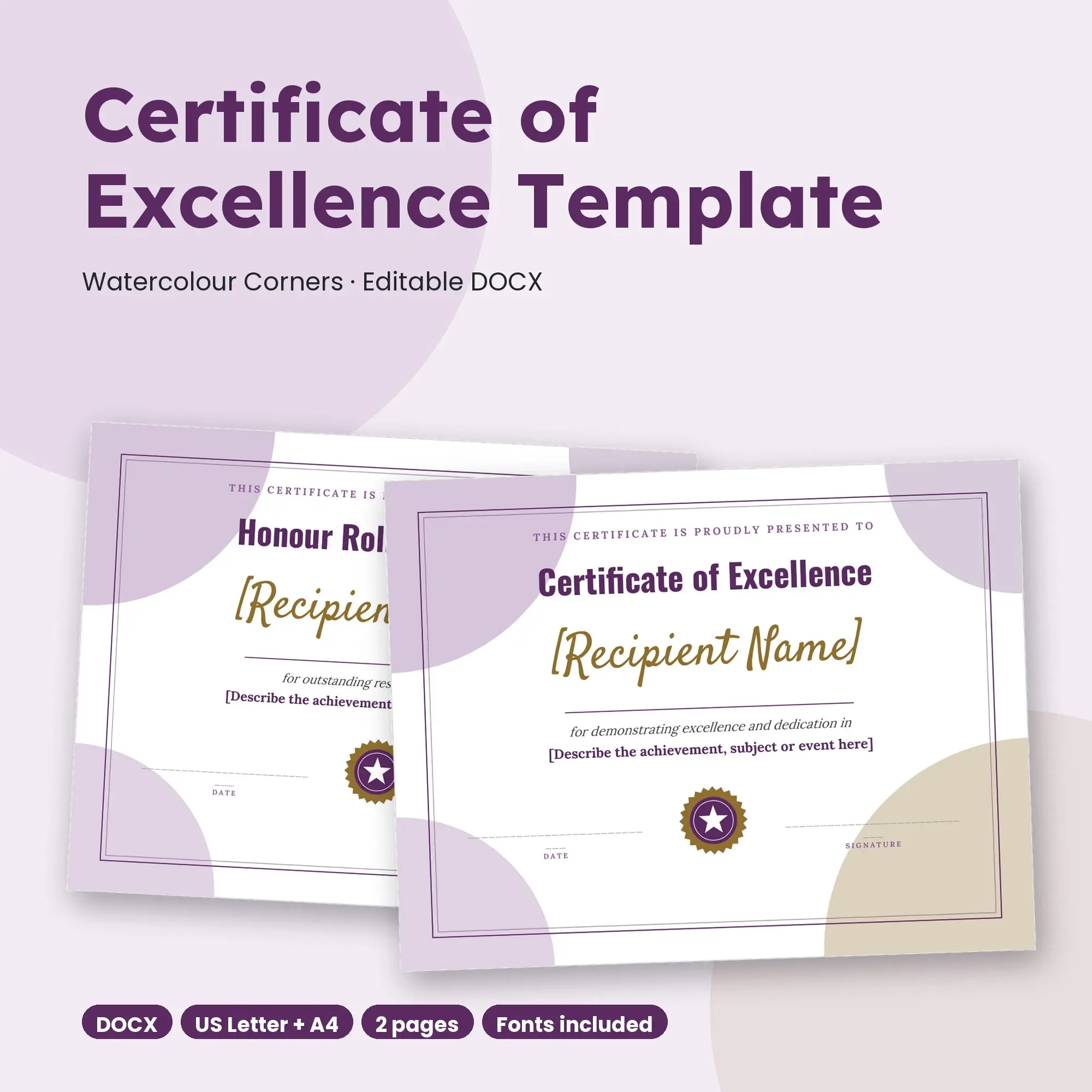 Certificate of Excellence Template, Watercolour Corners (DOCX) preview