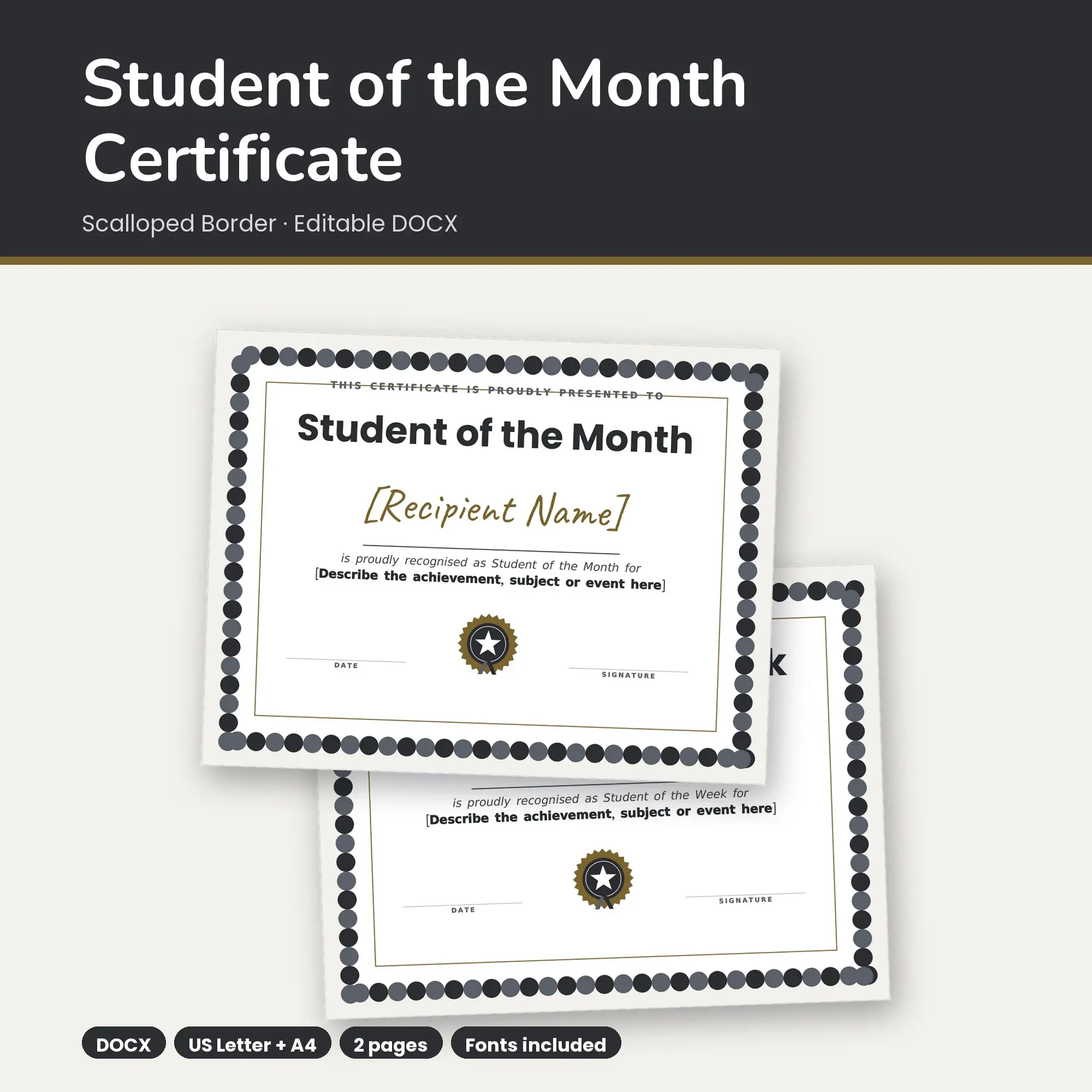 Student of the Month Certificate Template, Scalloped Border (DOCX), preview 1 of 2