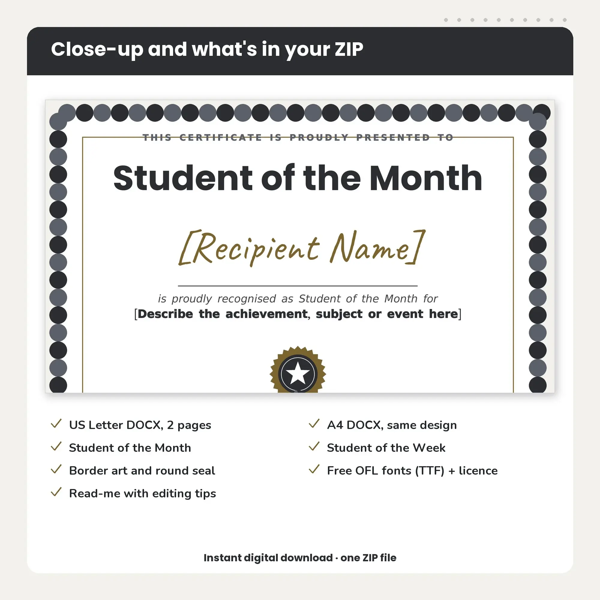 Student of the Month Certificate Template, Scalloped Border (DOCX), preview 2 of 2
