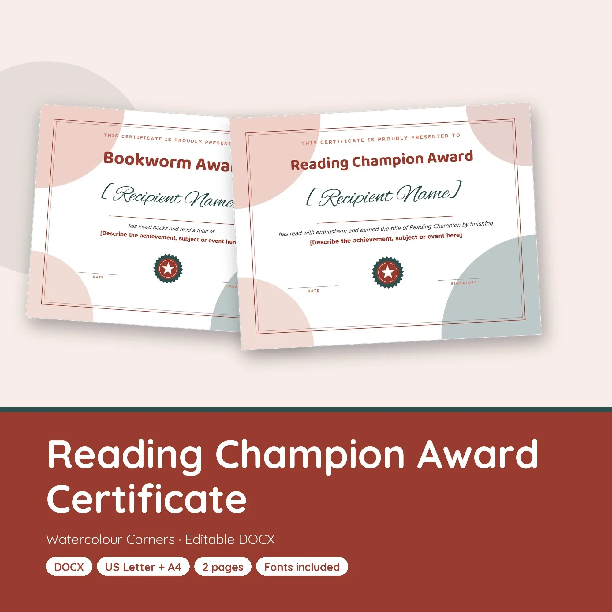 Reading Champion Award Certificate Template, Watercolour Corners (DOCX) preview