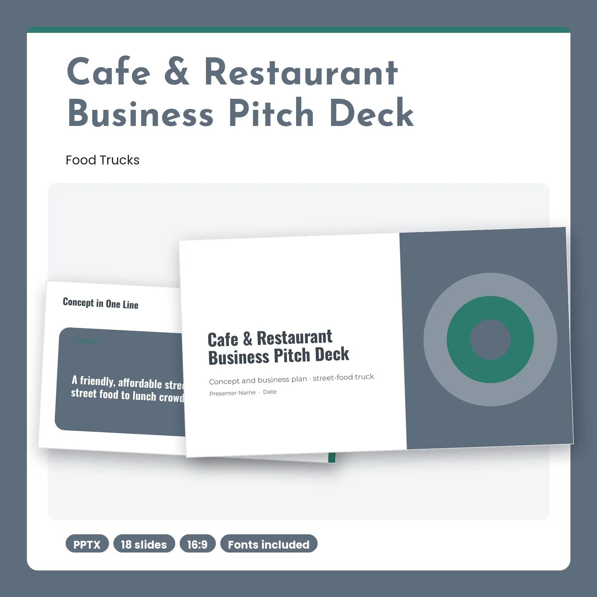 Cafe & Restaurant Business Pitch Deck, Food Trucks (PPTX + POTX) preview