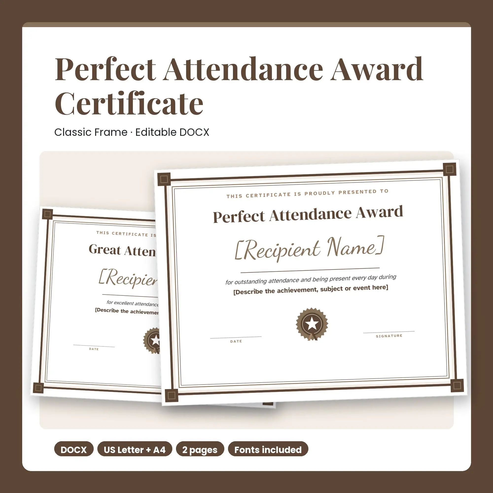 Perfect Attendance Award Certificate Template, Classic Frame (DOCX) preview