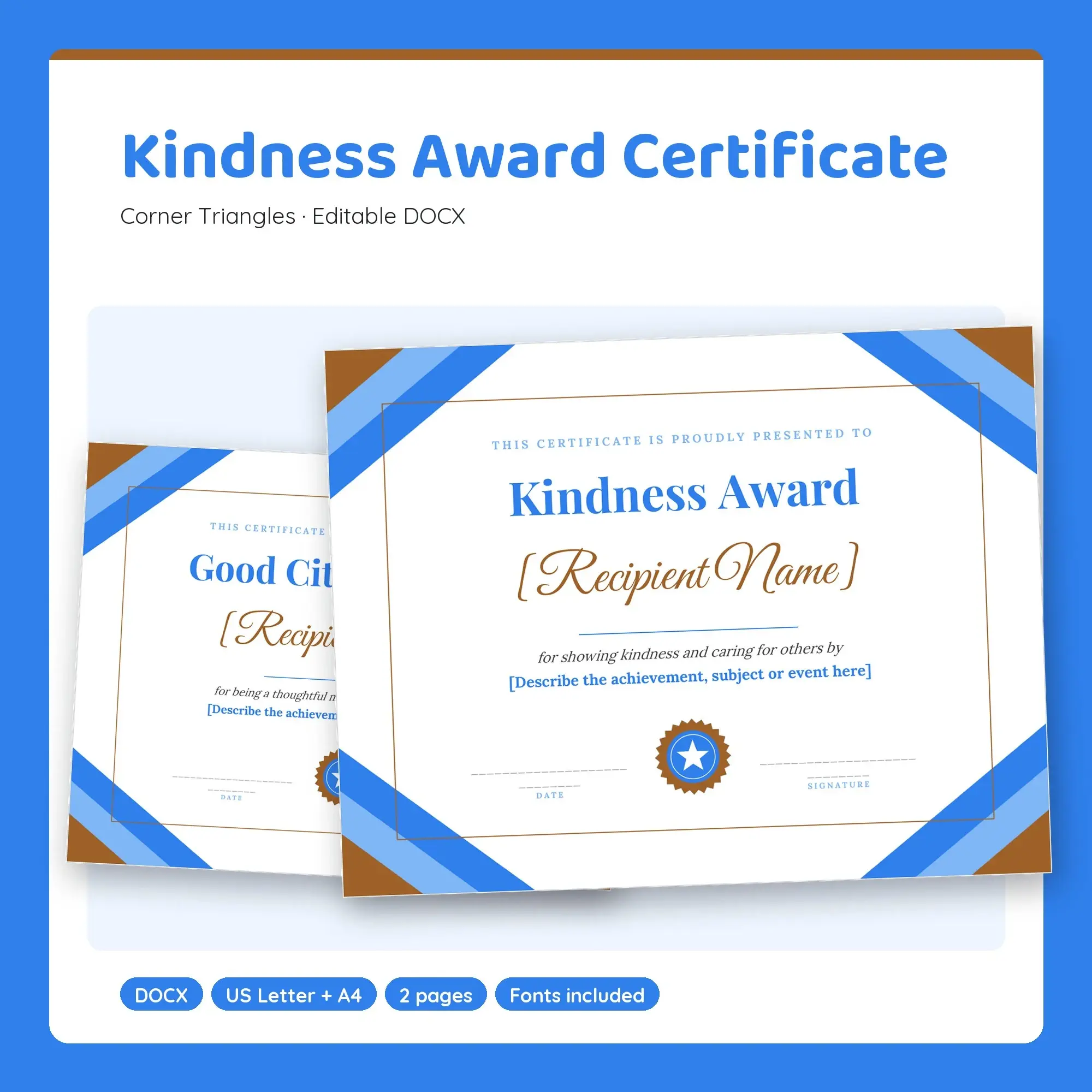 Kindness Award Certificate Template, Corner Triangles (DOCX) preview