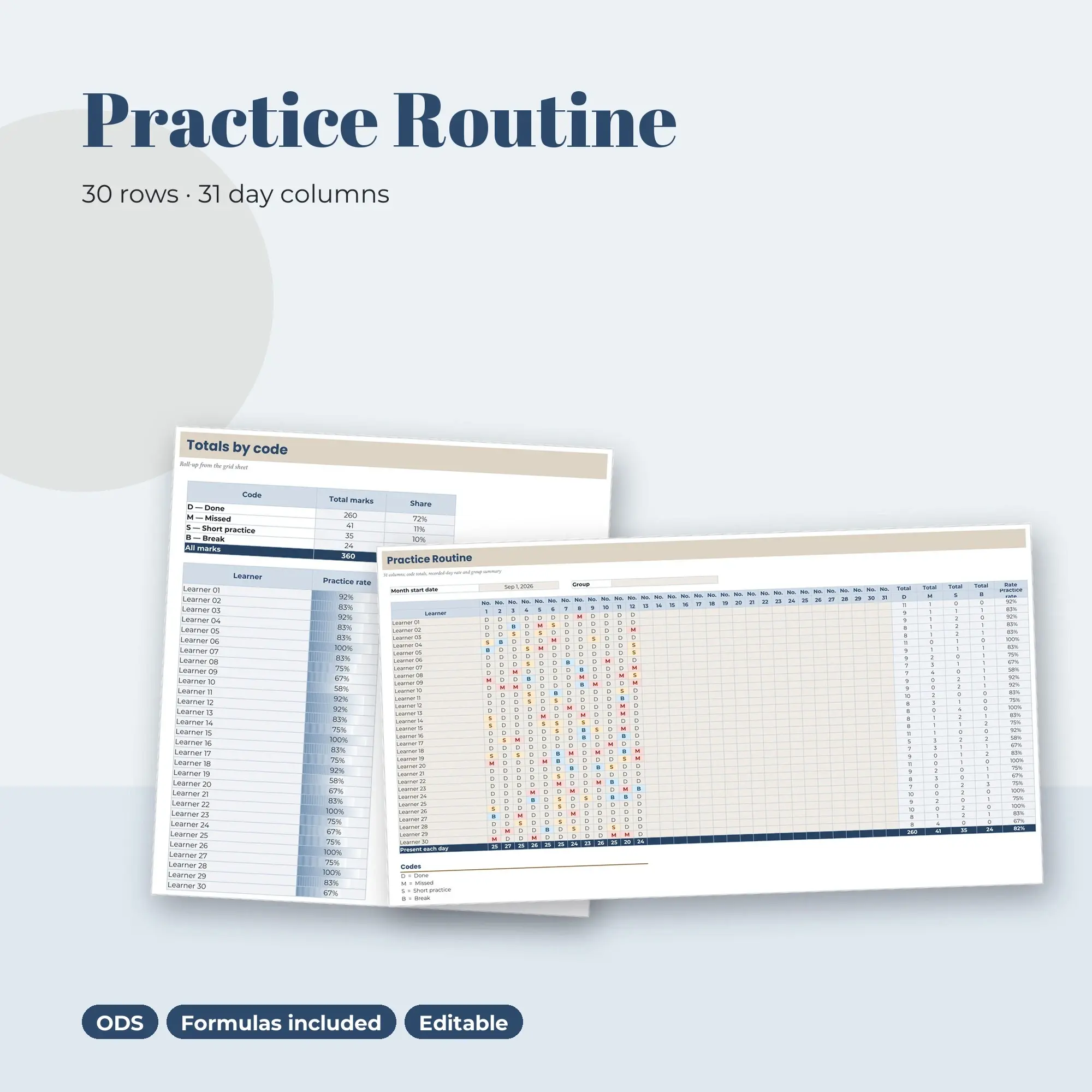 Practice Routine Spreadsheet, Monthly 30-Row Register (ODS) preview