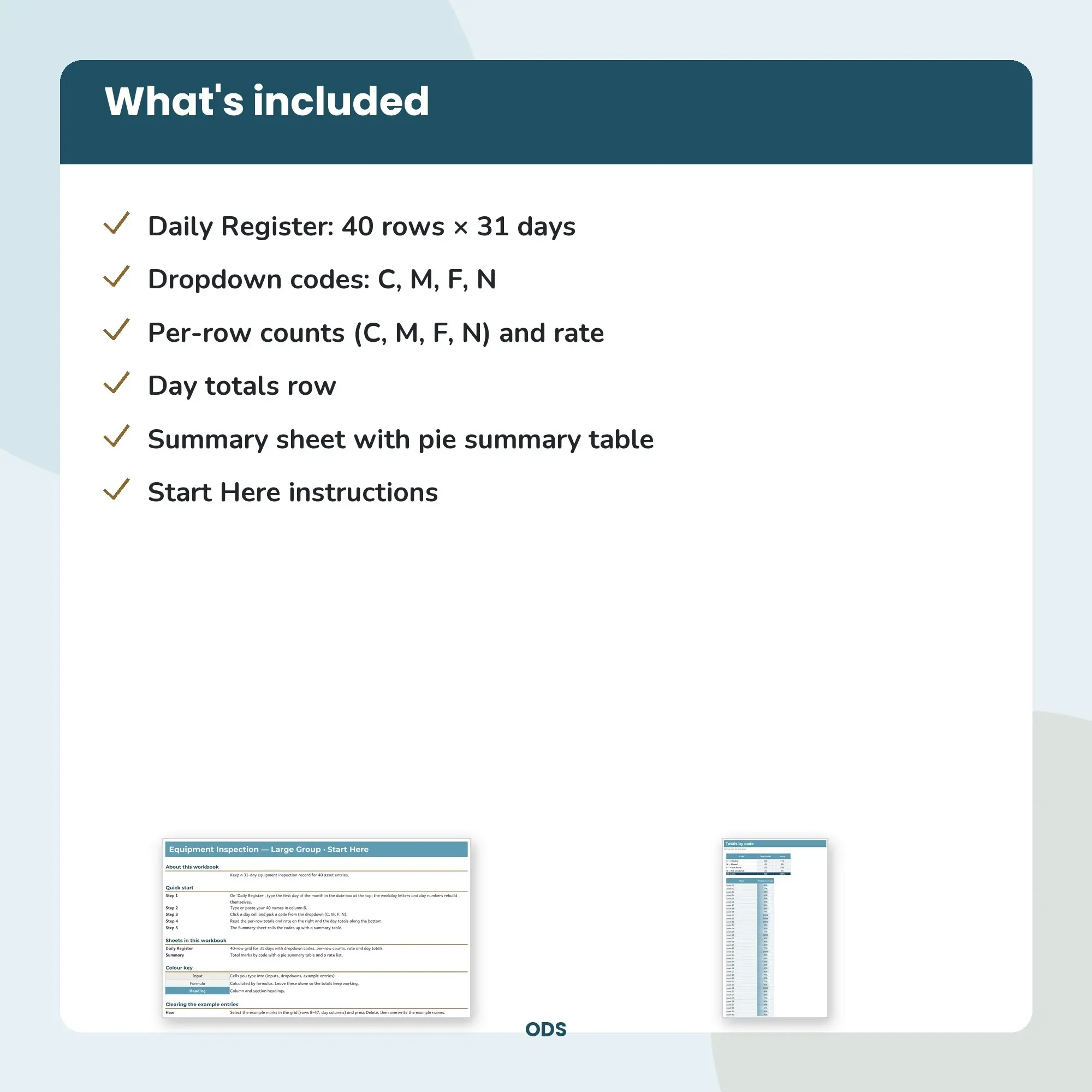 Equipment Inspection Spreadsheet, Large Group 40-Row Register (ODS), preview 2 of 2