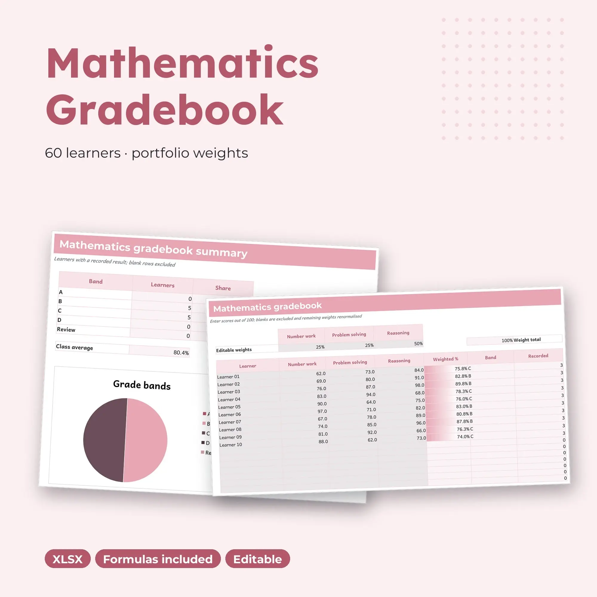 Mathematics Gradebook Spreadsheet, Portfolio 60-Student Edition (XLSX), preview 1 of 2