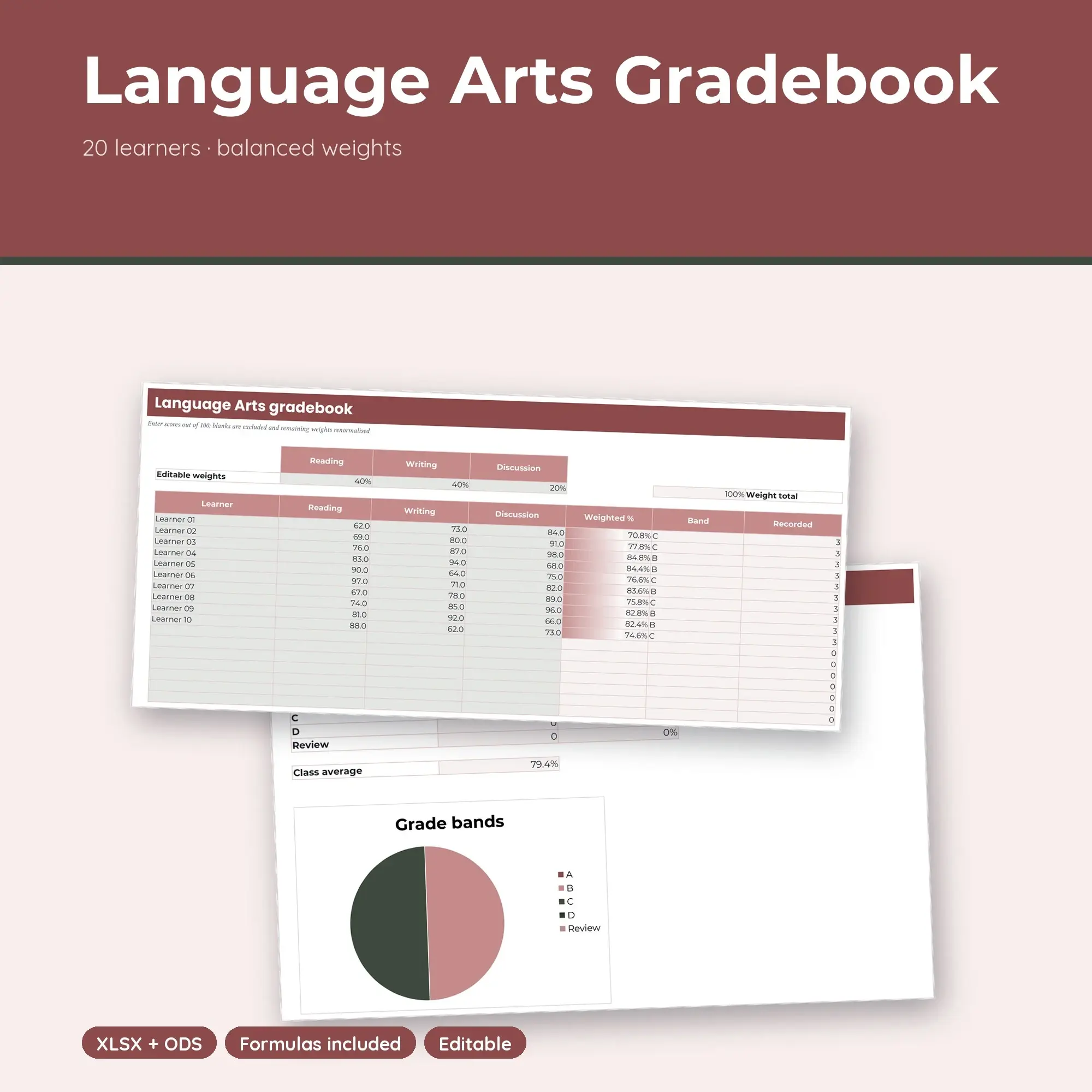 Language Arts Gradebook Spreadsheet, Balanced 20-Student Edition (XLSX + ODS), preview 1 of 2