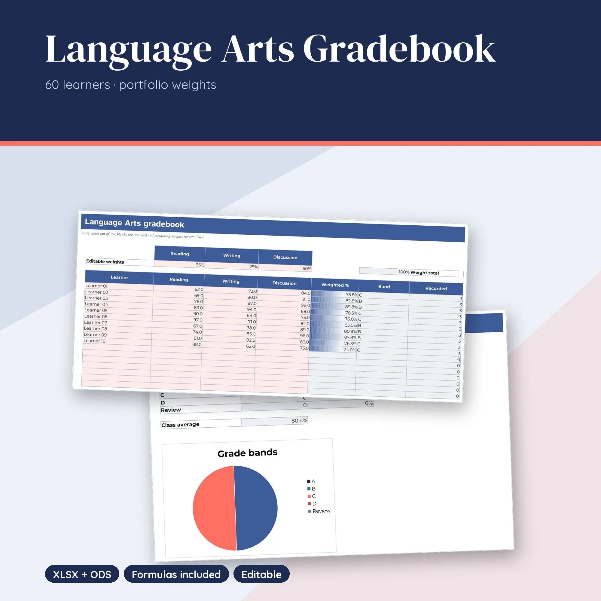 Language Arts Gradebook Spreadsheet, Portfolio 60-Student Edition (XLSX + ODS) preview