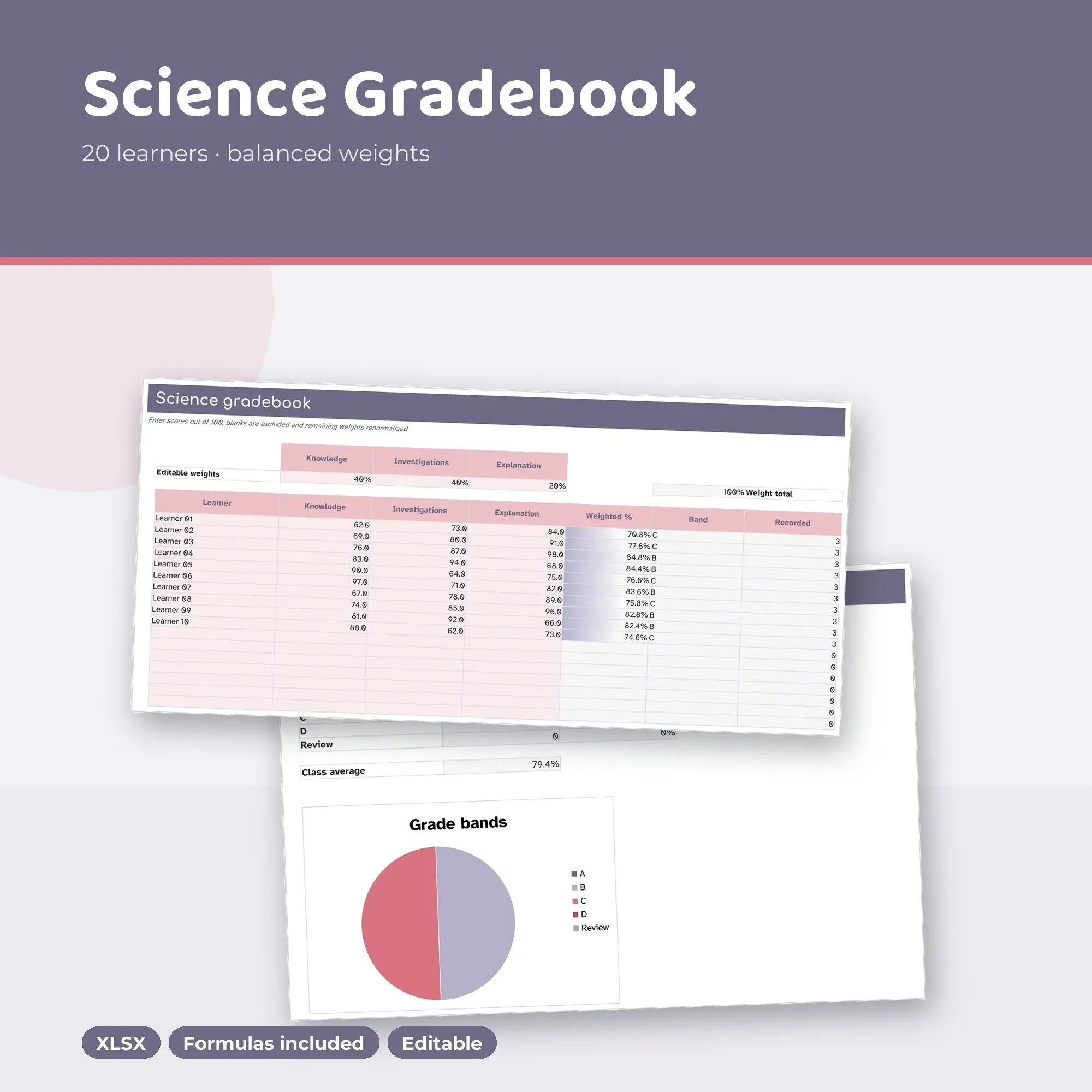Science Gradebook Spreadsheet, Balanced 20-Student Edition (XLSX) preview