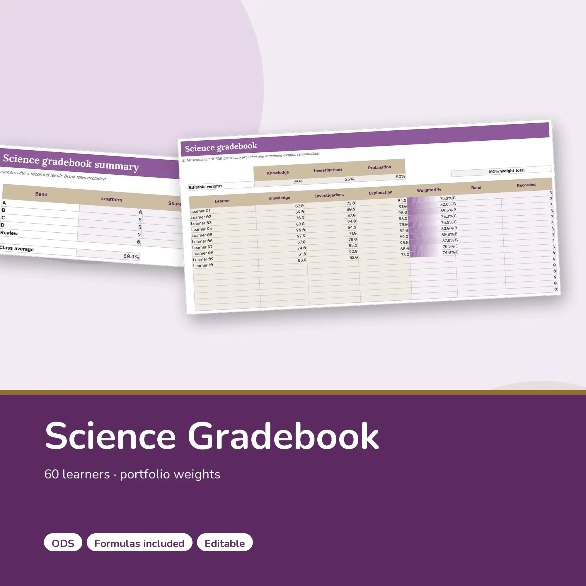 Science Gradebook Spreadsheet, Portfolio 60-Student Edition (ODS), preview 1 of 2