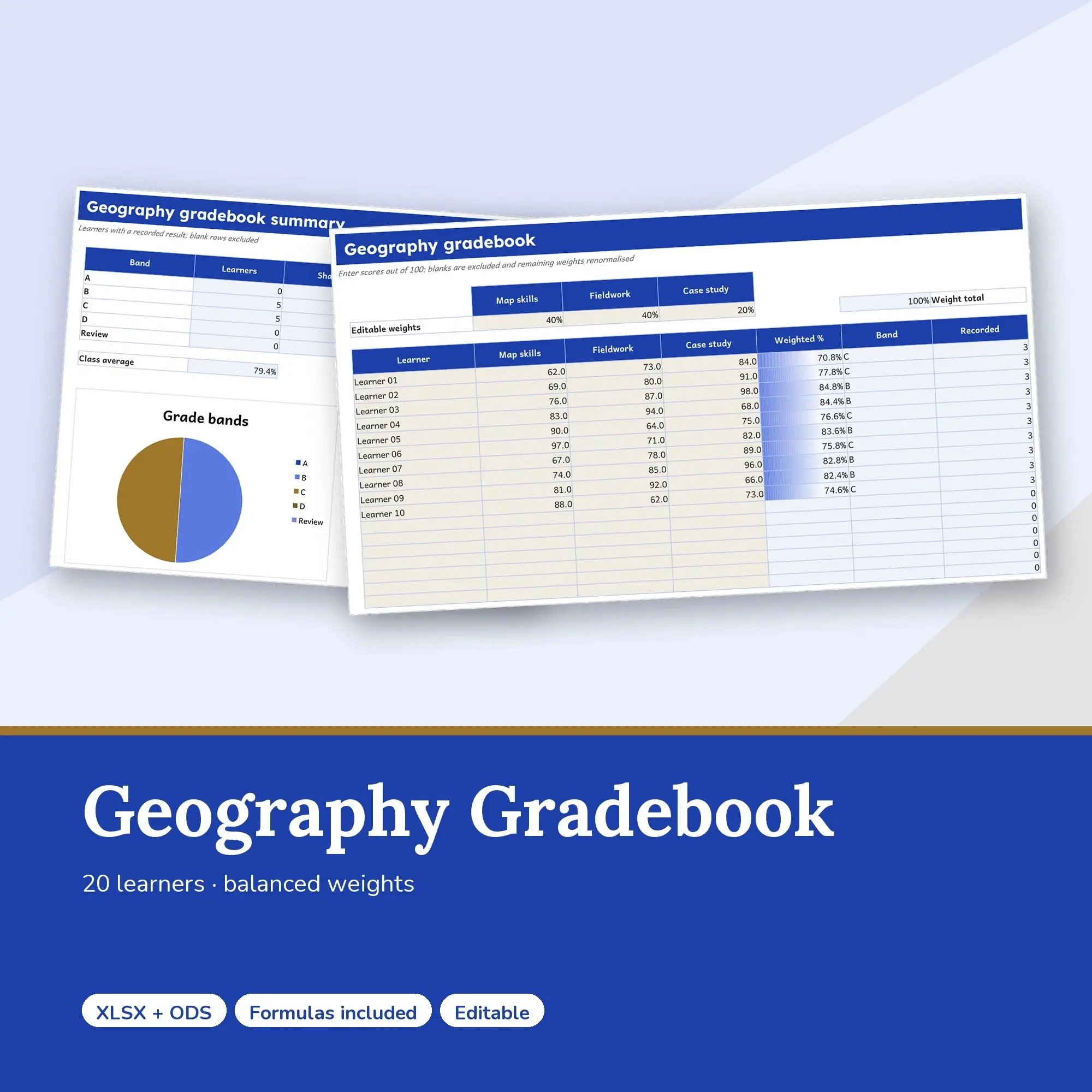Geography Gradebook Spreadsheet, Balanced 20-Student Edition (XLSX + ODS), preview 1 of 2