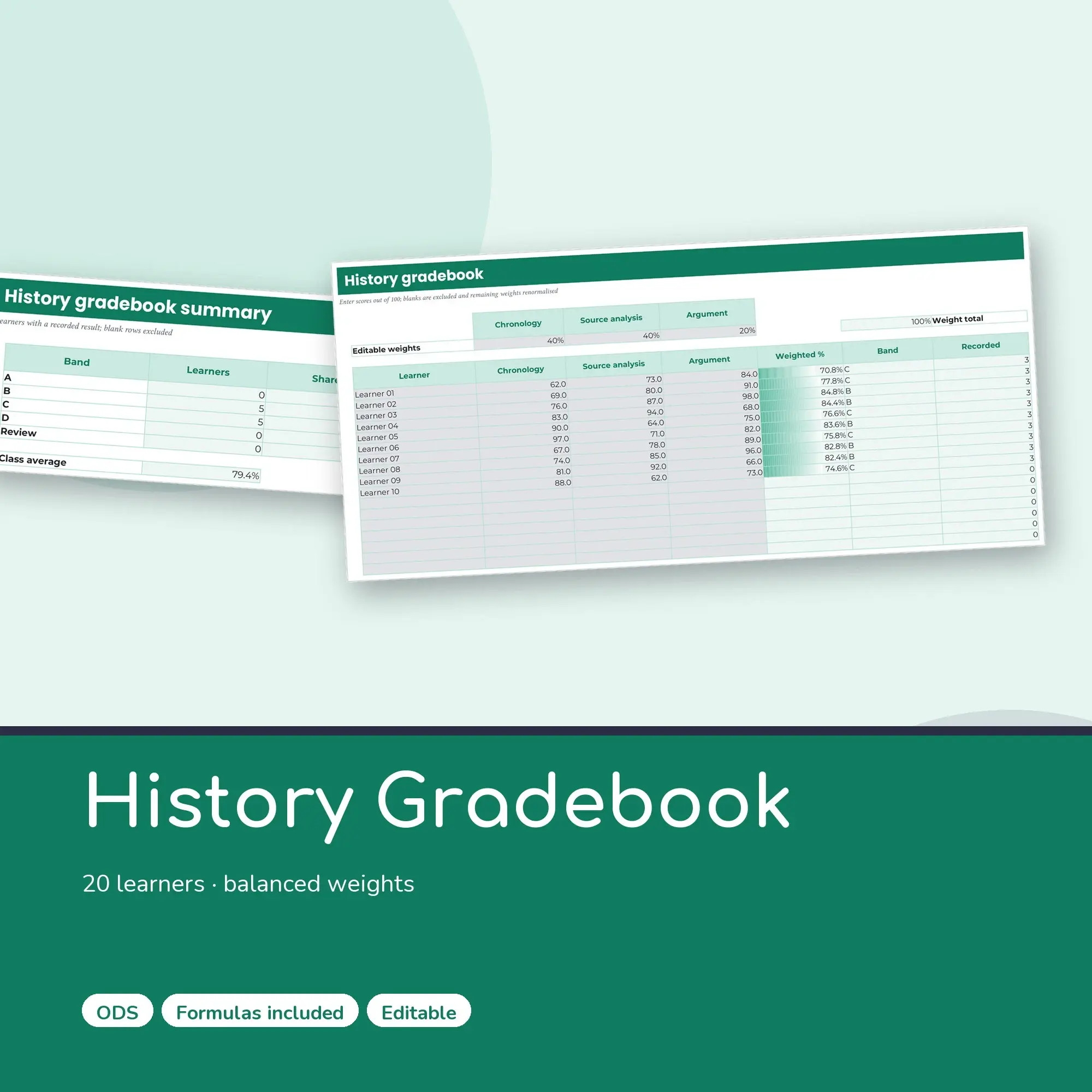 History Gradebook Spreadsheet, Balanced 20-Student Edition (ODS) preview