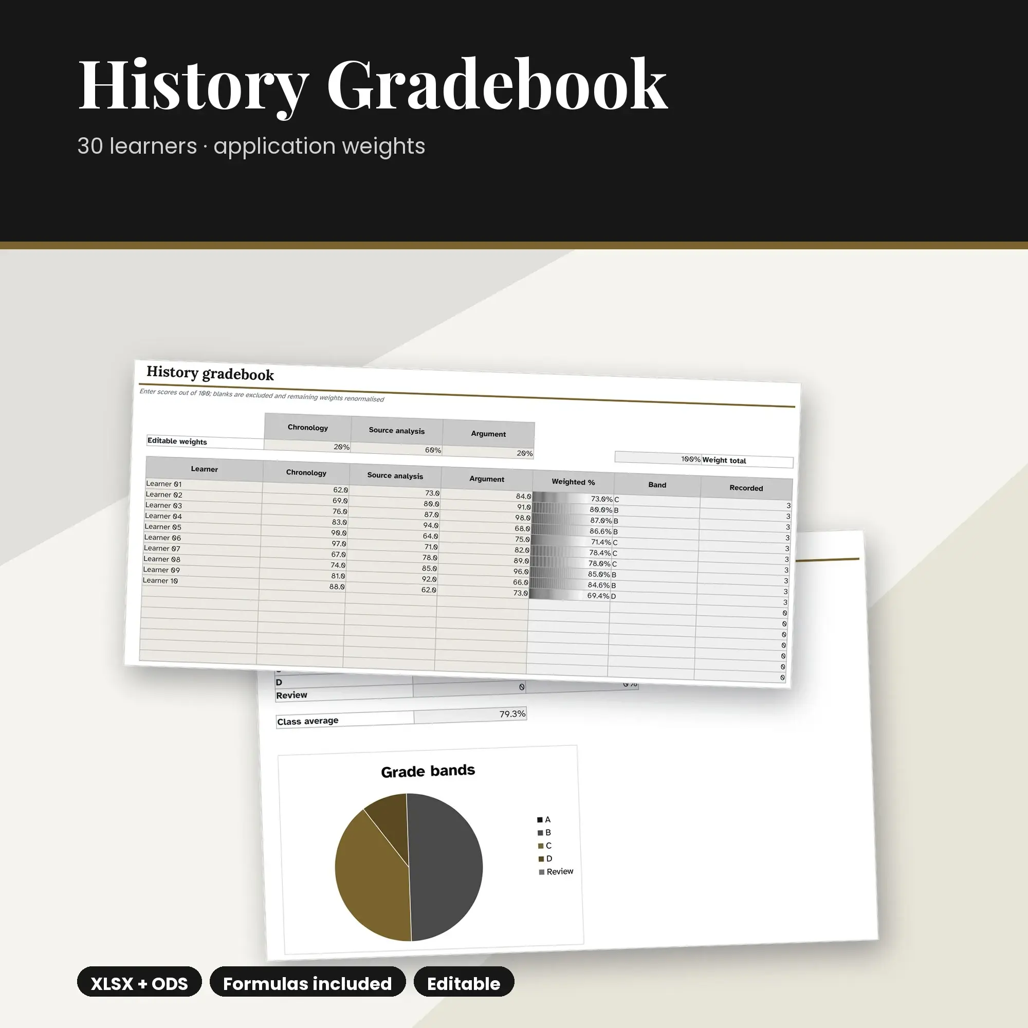 History Gradebook Spreadsheet, Application 30-Student Edition (XLSX + ODS) preview