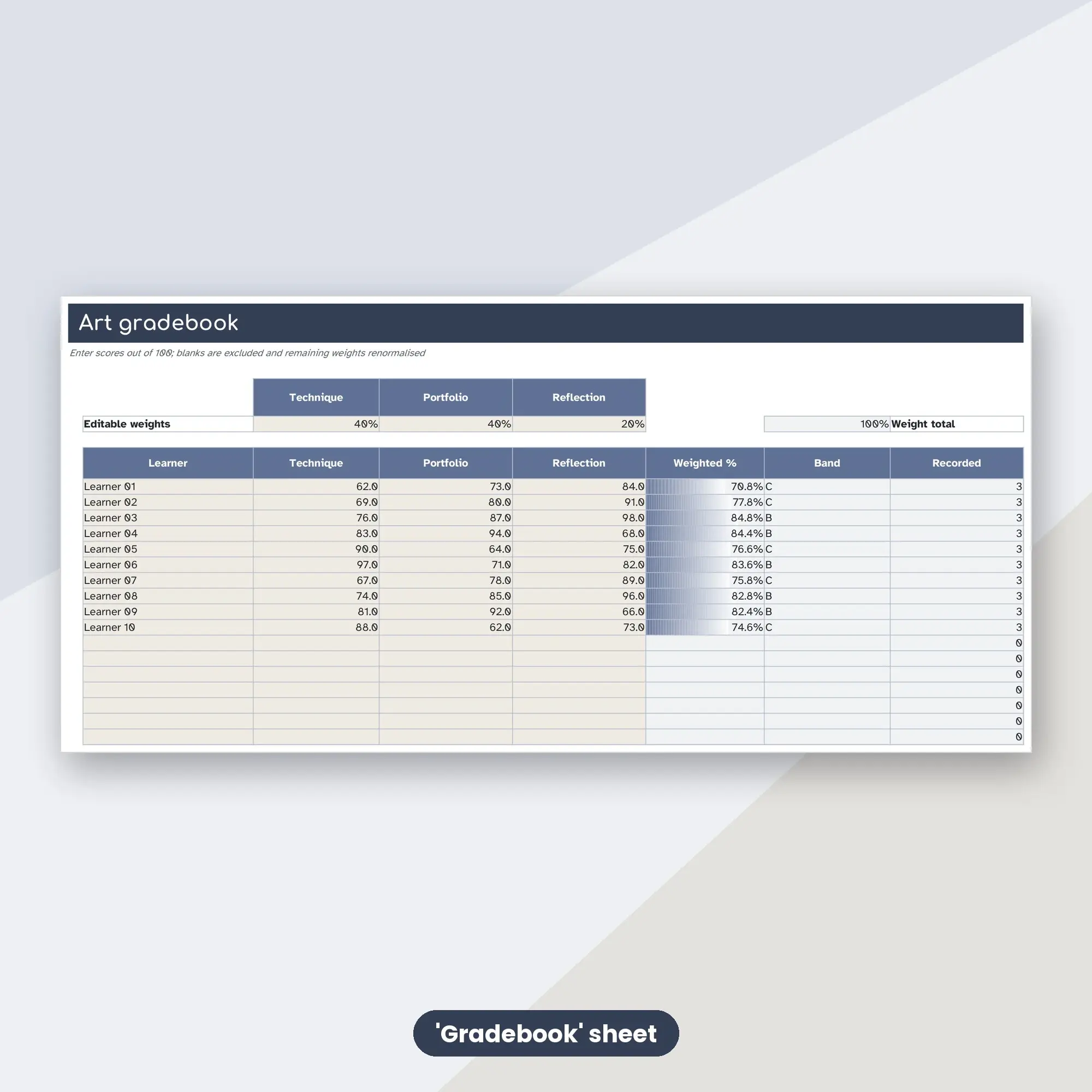 Art Gradebook Spreadsheet, Balanced 20-Student Edition (XLSX), preview 2 of 2